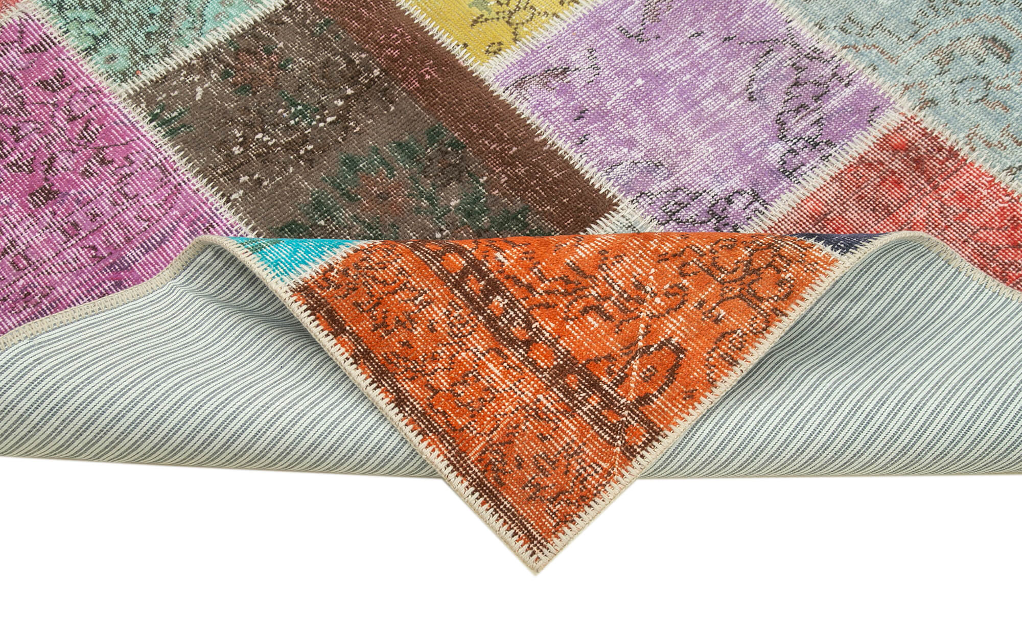 Handmade Area Rug – Blue Patchwork Cotton Wool Vintage Turkish Carpet 4'9''x6'8''