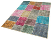 Handmade Area Rug - Blue Patchwork Wool Cotton Vintage Turkish Carpet 4'8"x6'8"