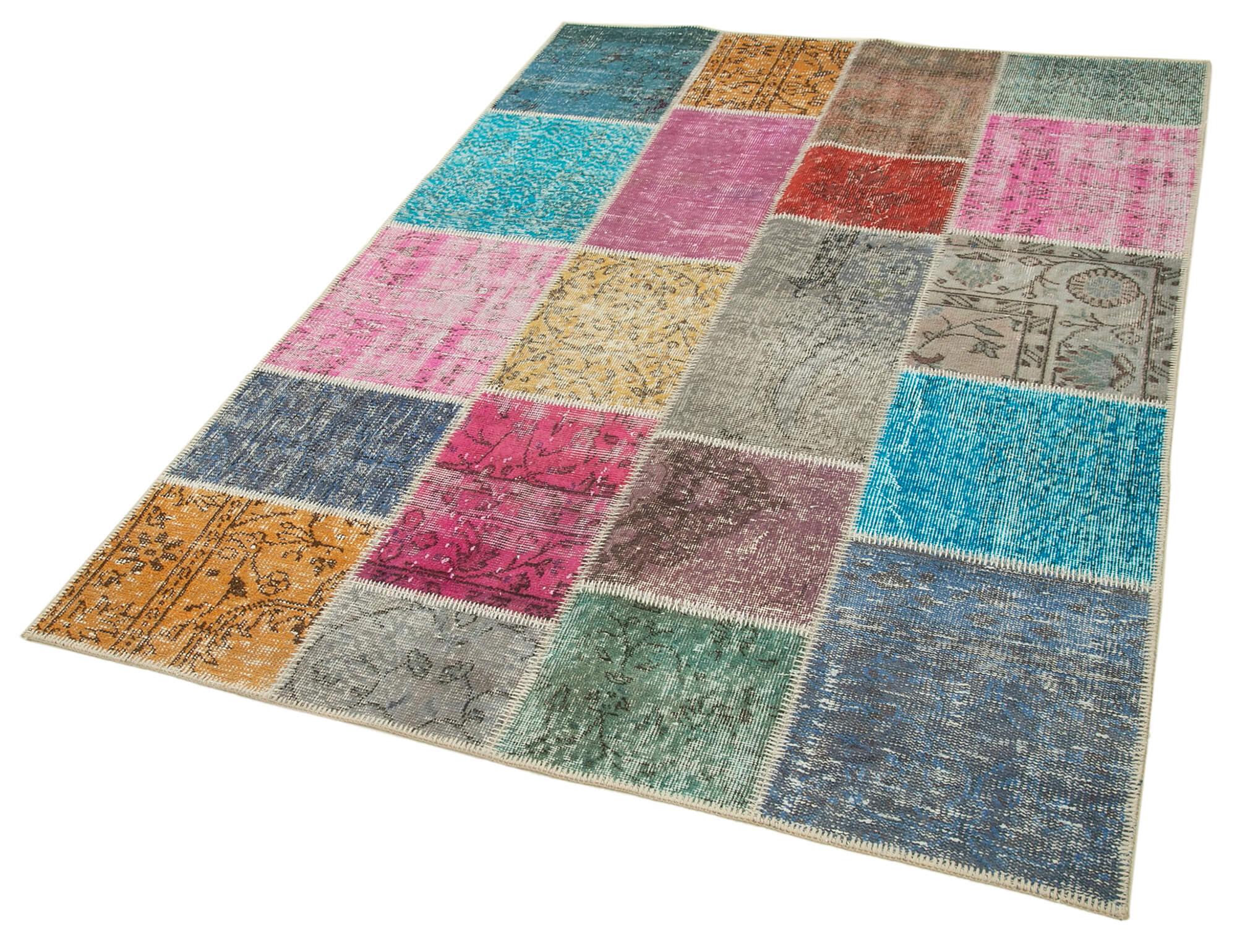 Handmade Area Rug - Blue Patchwork Wool Cotton Vintage Turkish Carpet 4'8"x6'8"