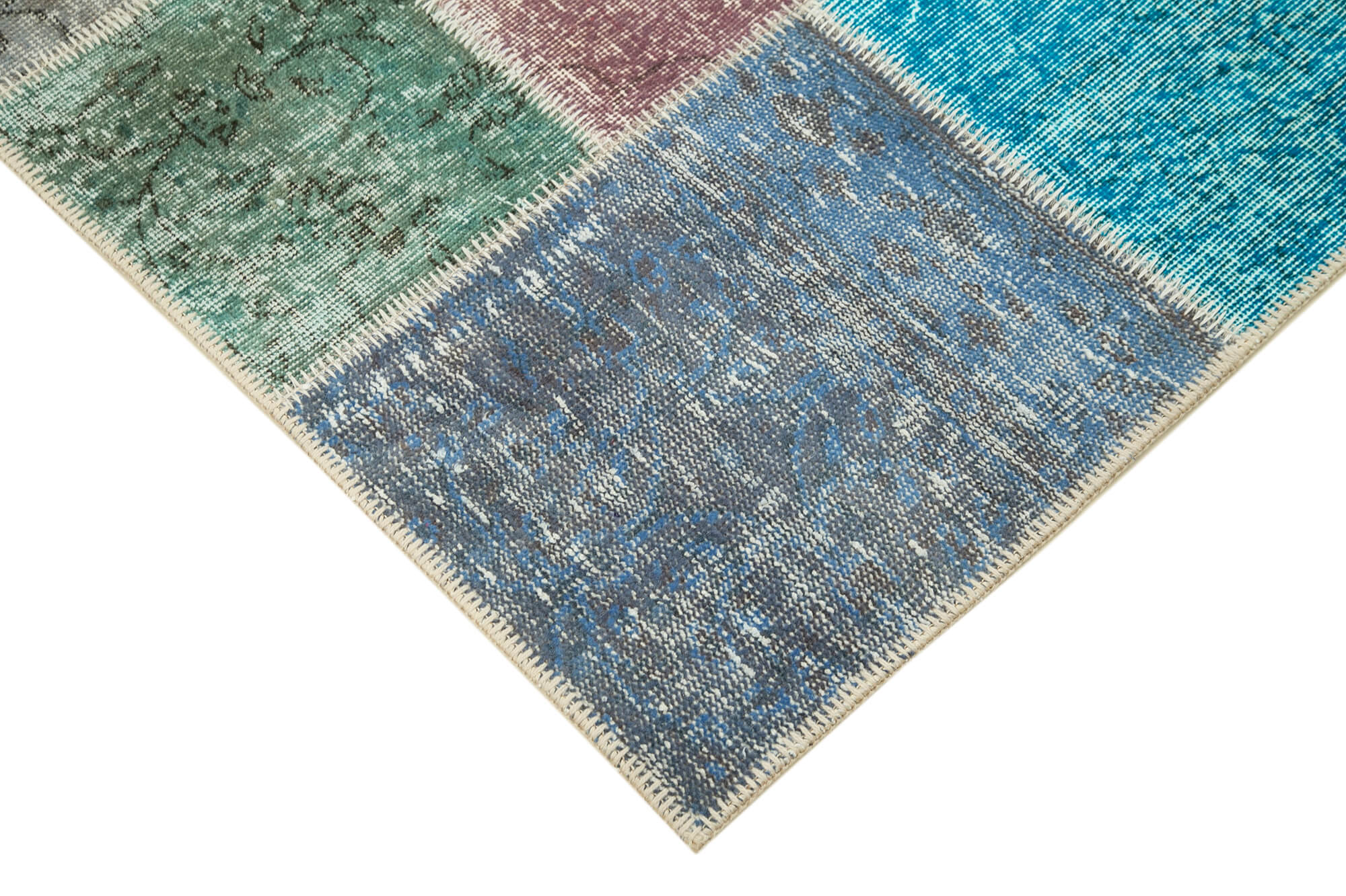 Handmade Area Rug - Blue Patchwork Wool Cotton Vintage Turkish Carpet 4'8"x6'8"