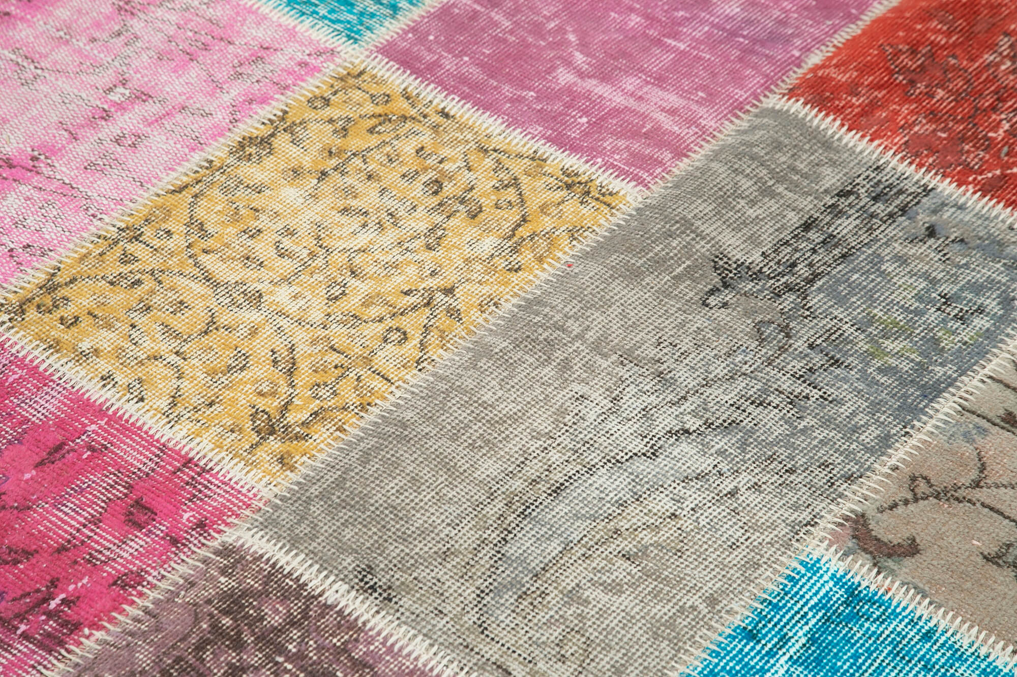 Handmade Area Rug - Blue Patchwork Wool Cotton Vintage Turkish Carpet 4'8"x6'8"