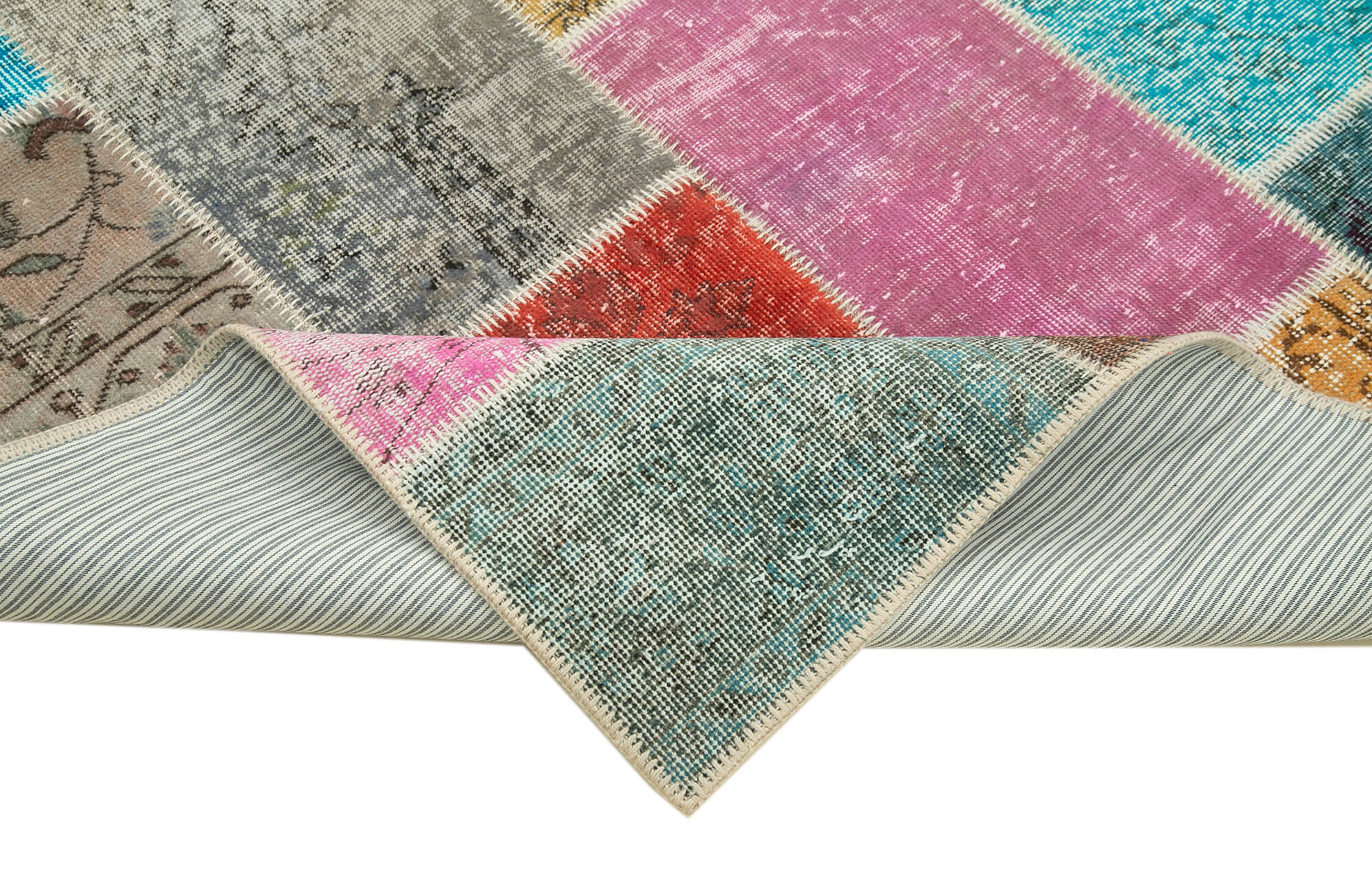 Handmade Area Rug - Blue Patchwork Wool Cotton Vintage Turkish Carpet 4'8"x6'8"
