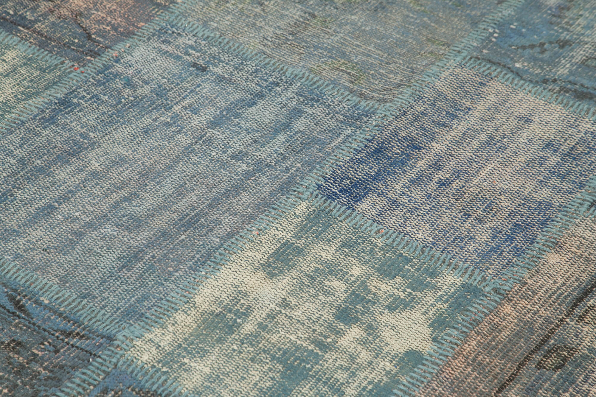 Handmade Area Rug - Blue Patchwork Cotton Wool Carpet 4'11'' x 6'9'' | Vintage Turkish Design