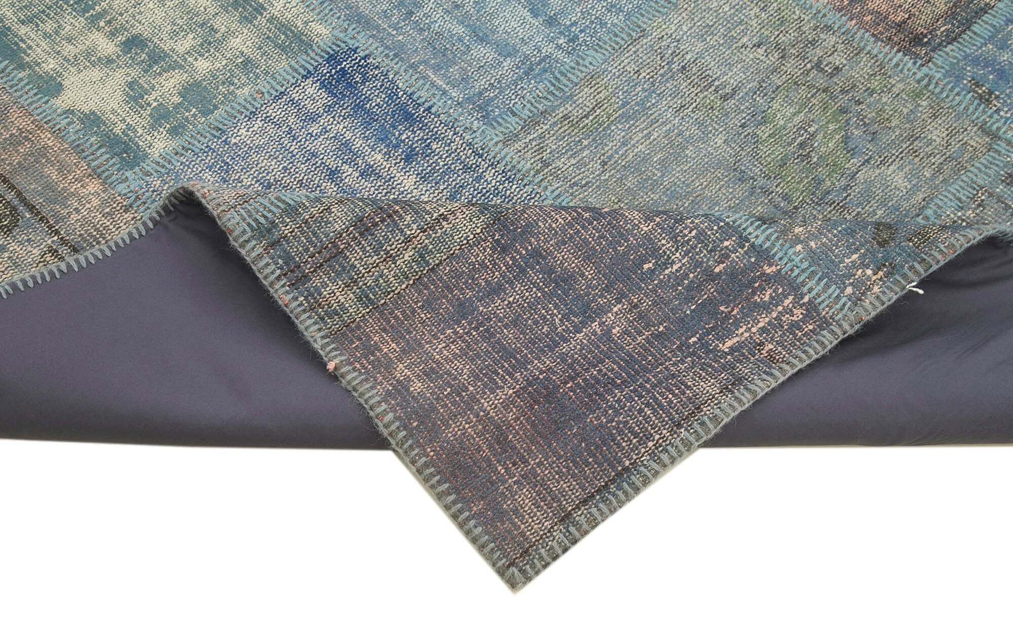 Handmade Area Rug - Blue Patchwork Cotton Wool Carpet 4'11'' x 6'9'' | Vintage Turkish Design