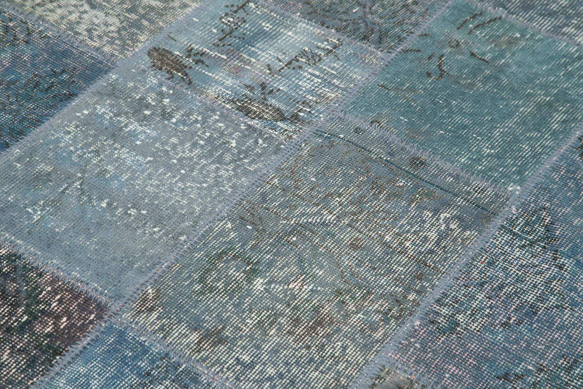 Handmade Area Rug - Blue Patchwork Cotton Wool Vintage Hand Woven Carpet 4'5''x6'7''