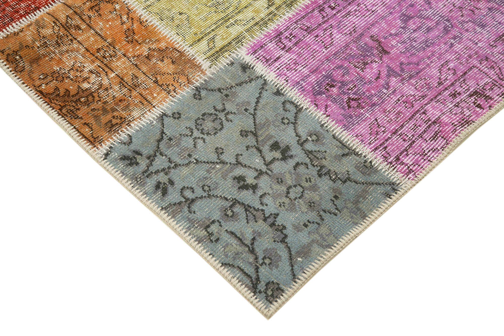 Handmade Area Rug - Blue Patchwork Wool & Cotton Carpet, Vintage Turkish Style 4'9''x6'9''