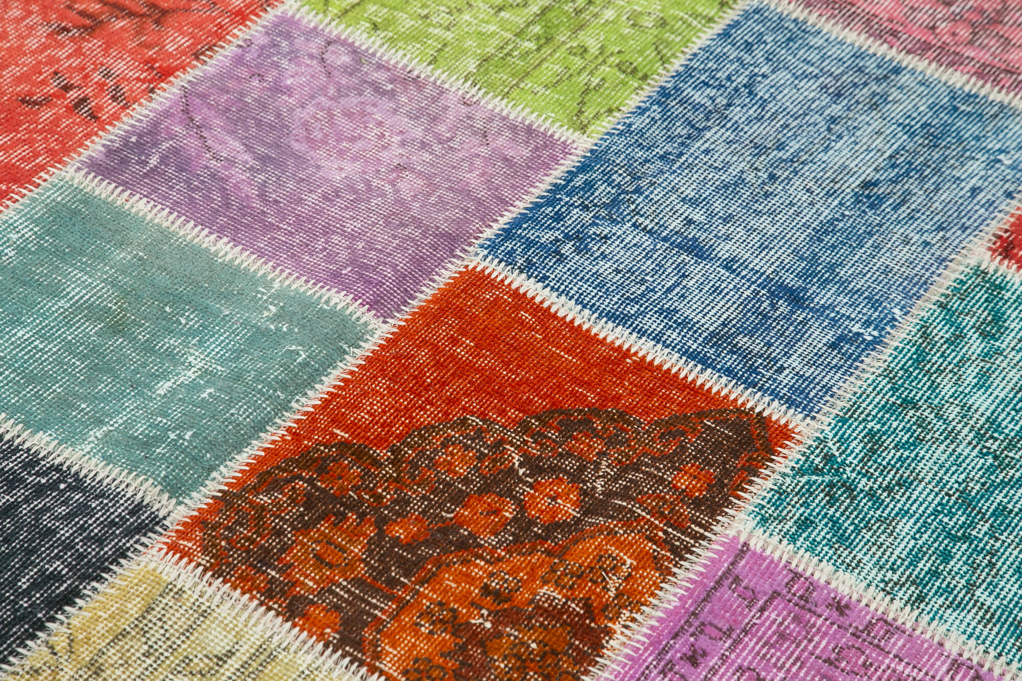 Handmade Area Rug - Blue Patchwork Wool & Cotton Carpet, Vintage Turkish Style 4'9''x6'9''