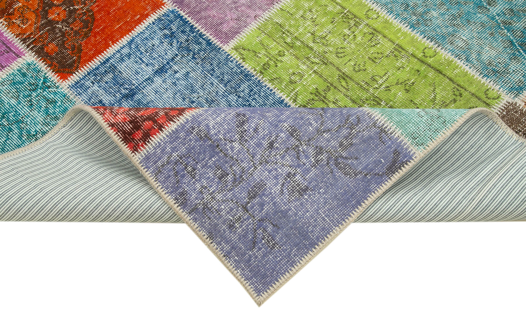 Handmade Area Rug - Blue Patchwork Wool & Cotton Carpet, Vintage Turkish Style 4'9''x6'9''