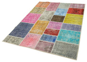 Handmade Area Rug - Blue Patchwork Cotton Wool Vintage Turkish Carpet 4'9" x 6'8"