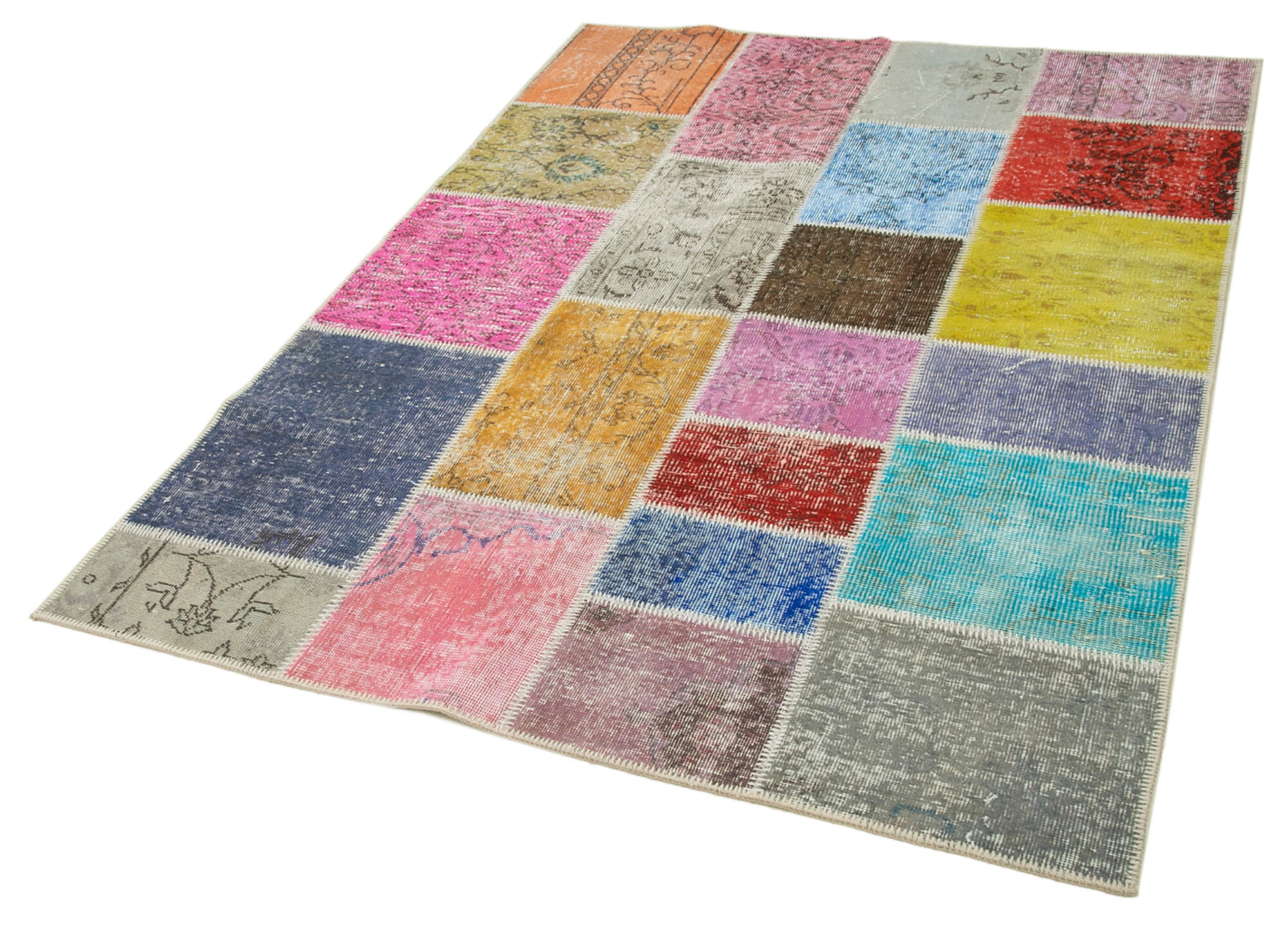 Handmade Area Rug - Blue Patchwork Cotton Wool Vintage Turkish Carpet 4'9" x 6'8"