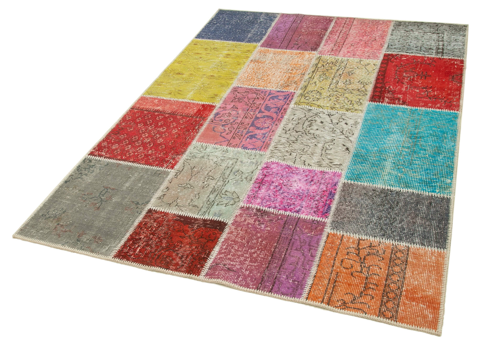 Handmade Area Rug – Blue Patchwork Cotton Wool Vintage Handwoven Carpet 4'8''x6'11''