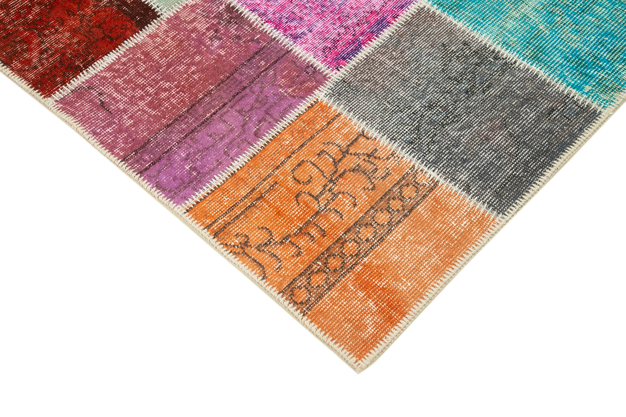 Handmade Area Rug – Blue Patchwork Cotton Wool Vintage Handwoven Carpet 4'8''x6'11''