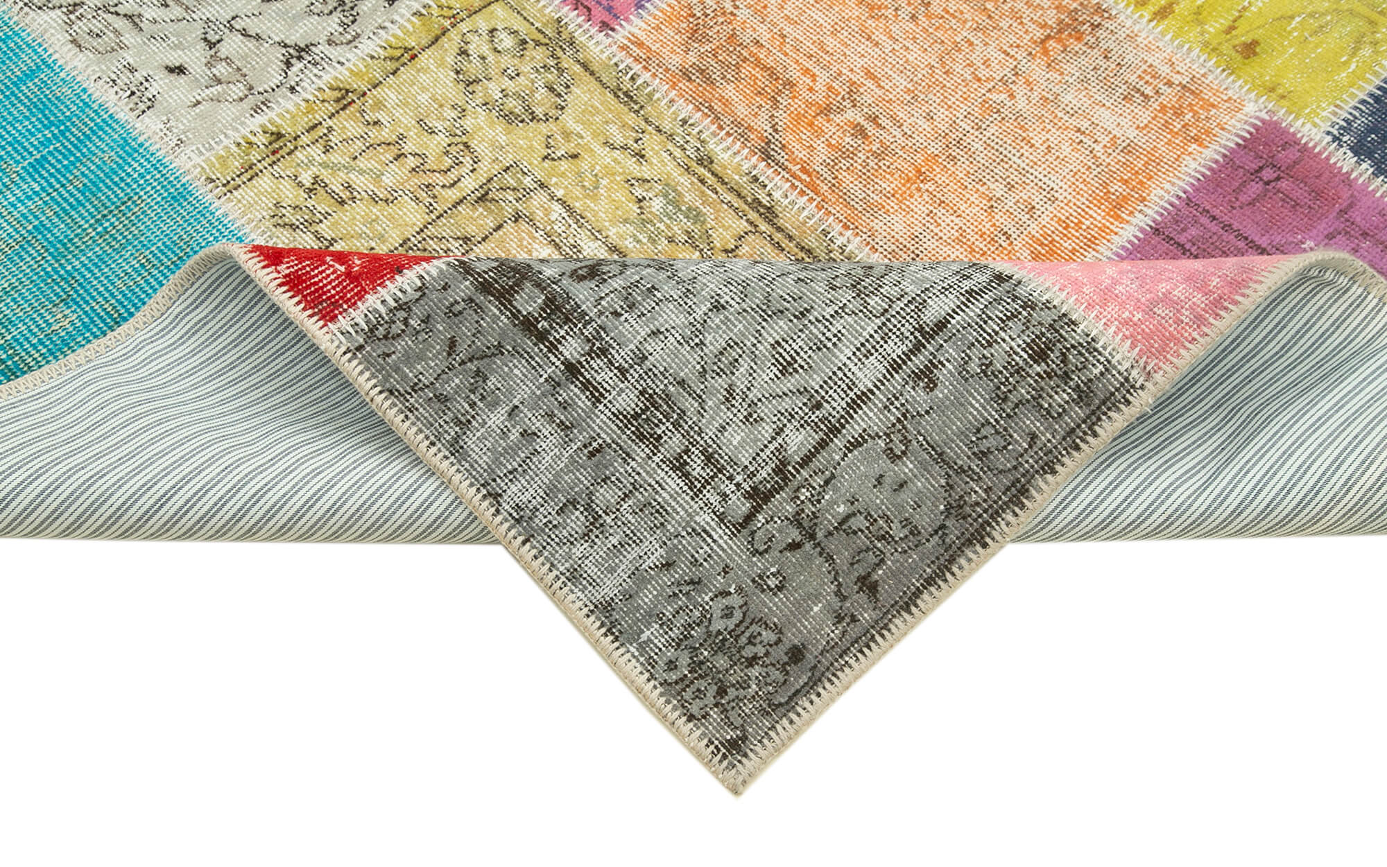 Handmade Area Rug – Blue Patchwork Cotton Wool Vintage Handwoven Carpet 4'8''x6'11''
