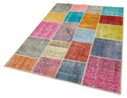 Handmade Area Rug - Blue Patchwork Cotton Wool Vintage Turkish Carpet 4'9''x6'8''