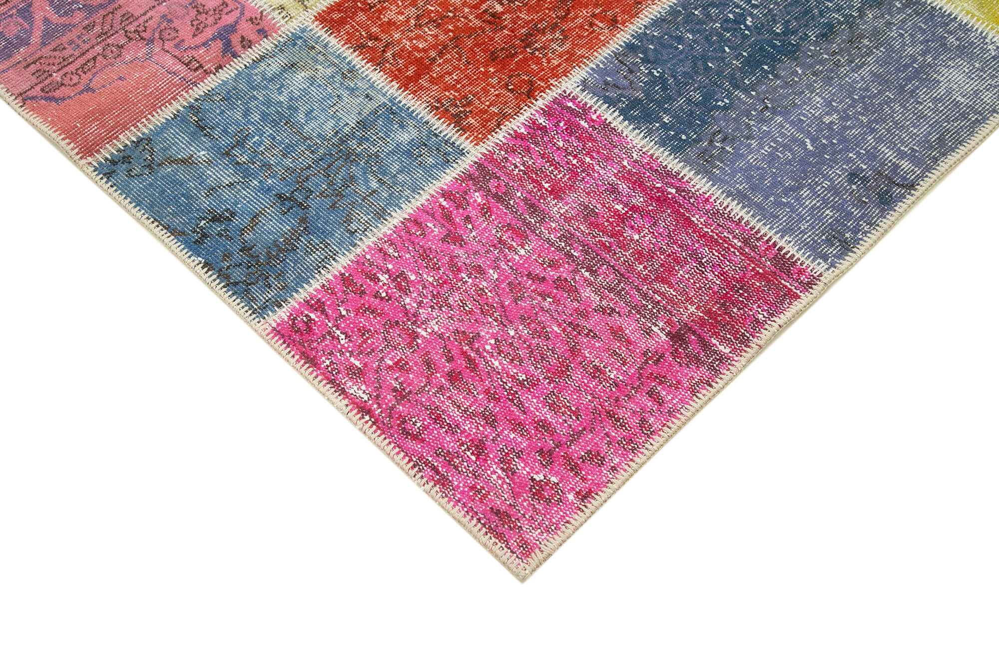 Handmade Area Rug - Blue Patchwork Cotton Wool Vintage Turkish Carpet 4'9''x6'8''
