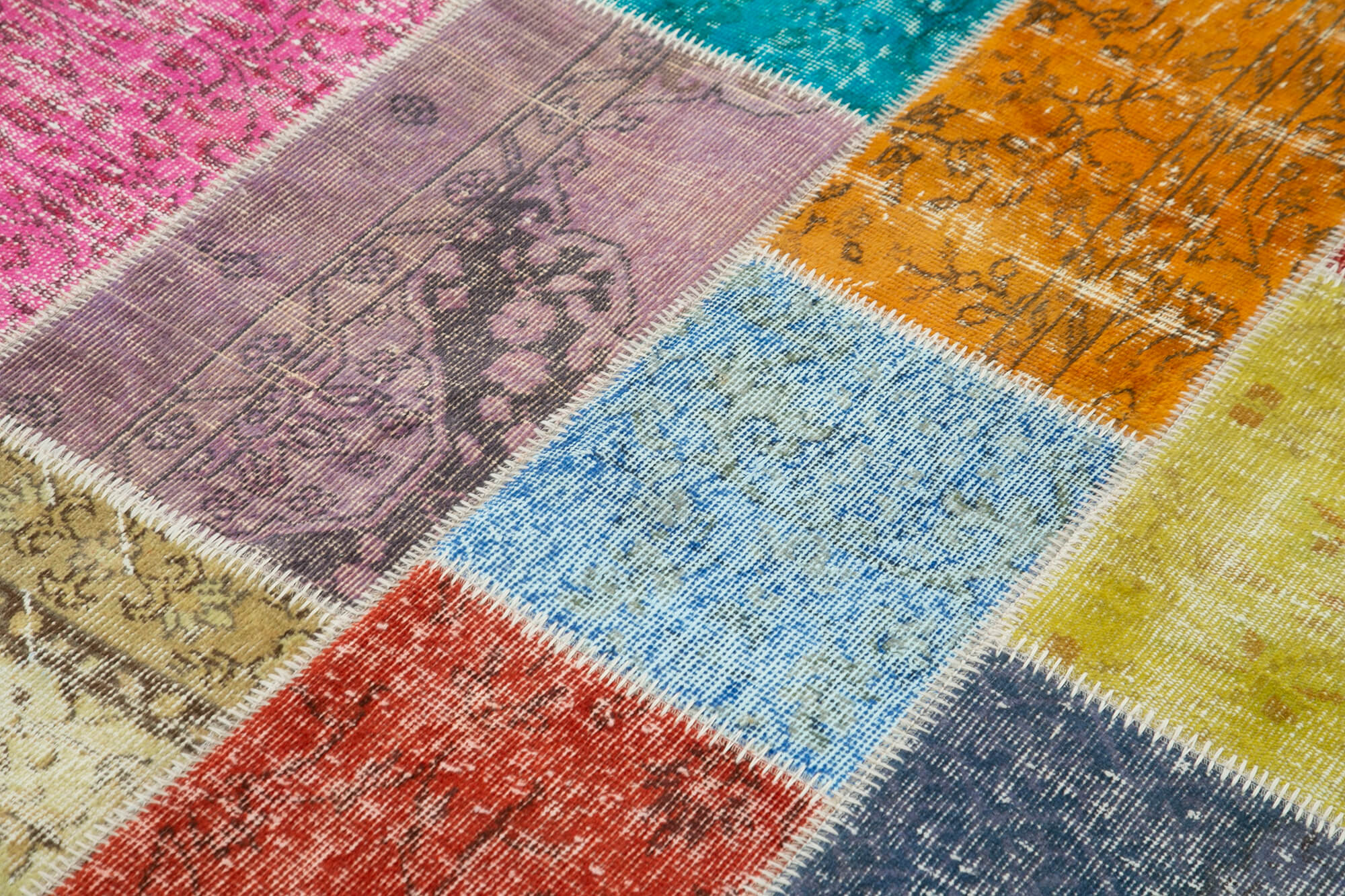 Handmade Area Rug - Blue Patchwork Cotton Wool Vintage Turkish Carpet 4'9''x6'8''