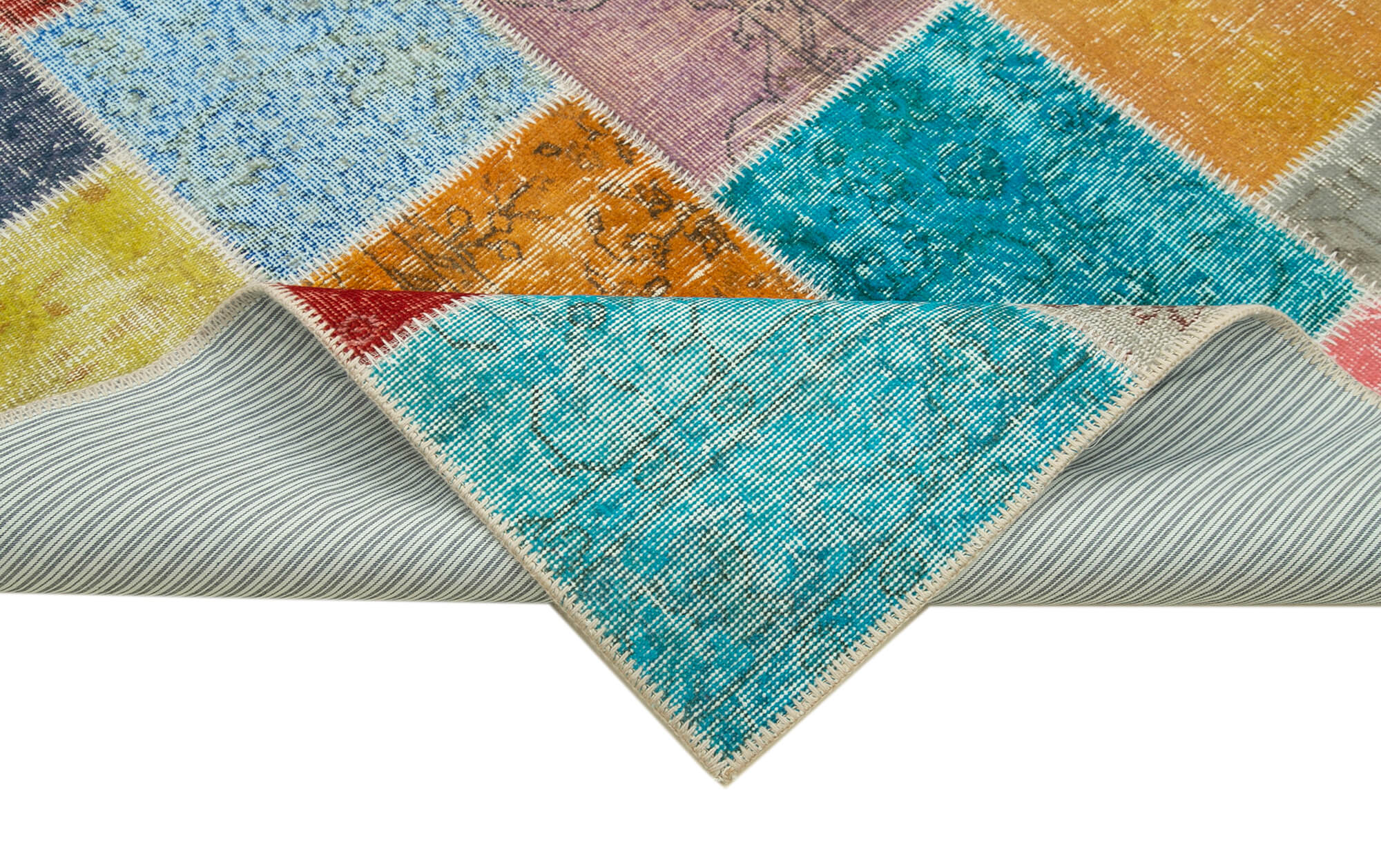 Handmade Area Rug - Blue Patchwork Cotton Wool Vintage Turkish Carpet 4'9''x6'8''