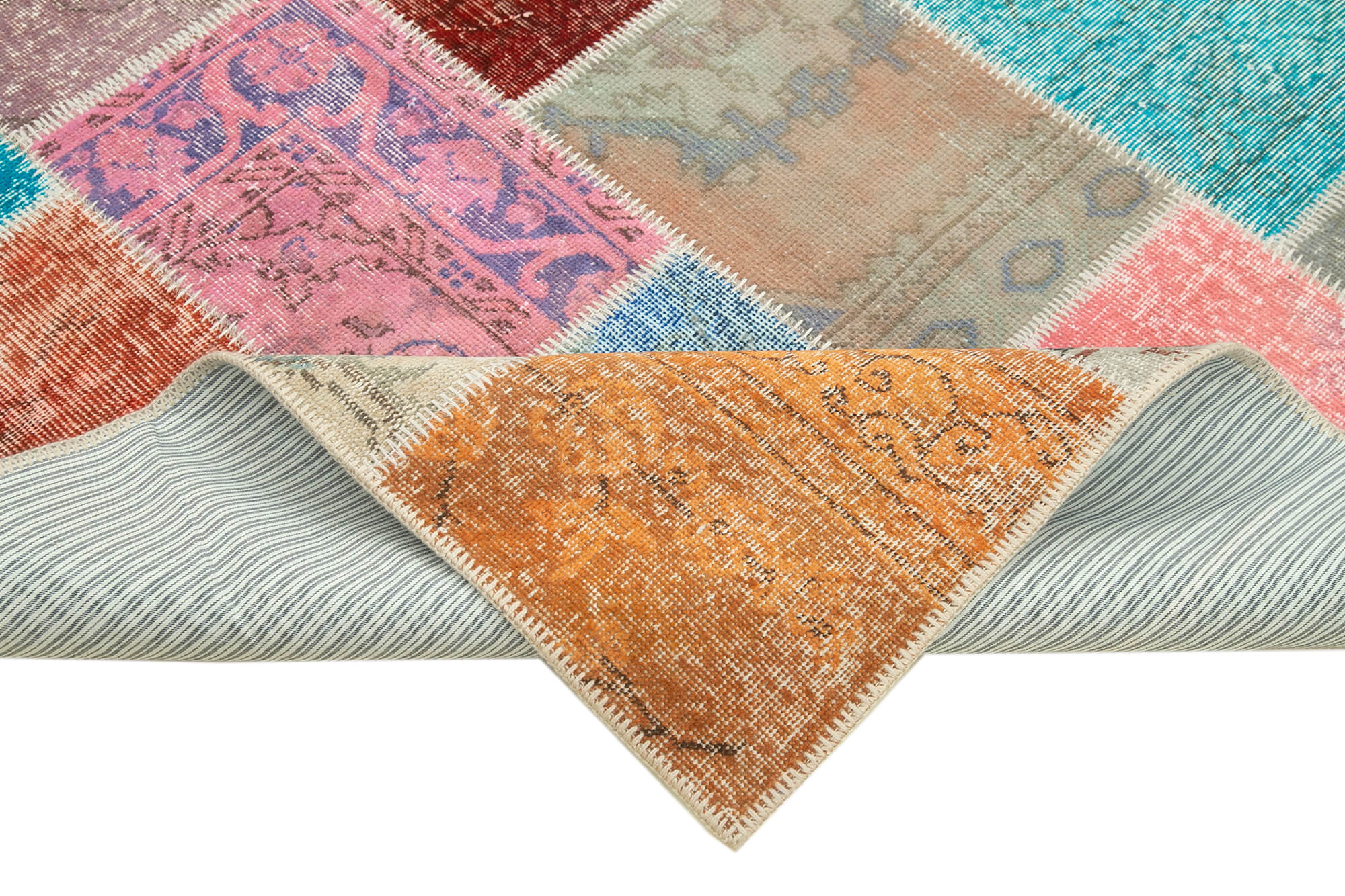 Handmade Area Rug – Blue Patchwork Cotton Wool Vintage Hand Woven Carpet 4'9''x6'8''