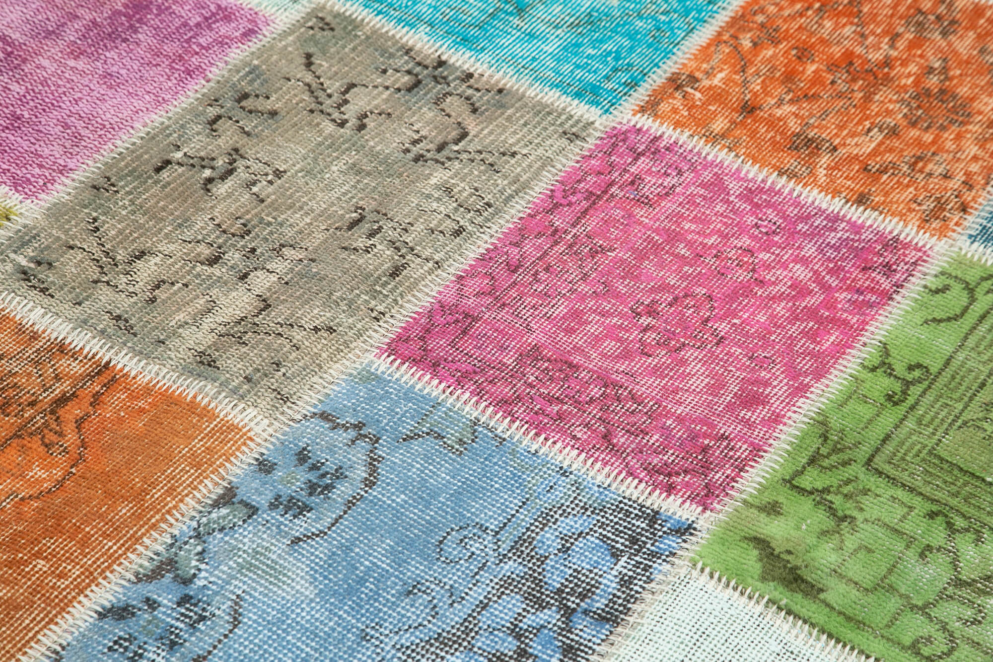 Handmade Area Rug - Blue Patchwork Cotton Wool Turkish Vintage Carpet 4'8" x 6'8"