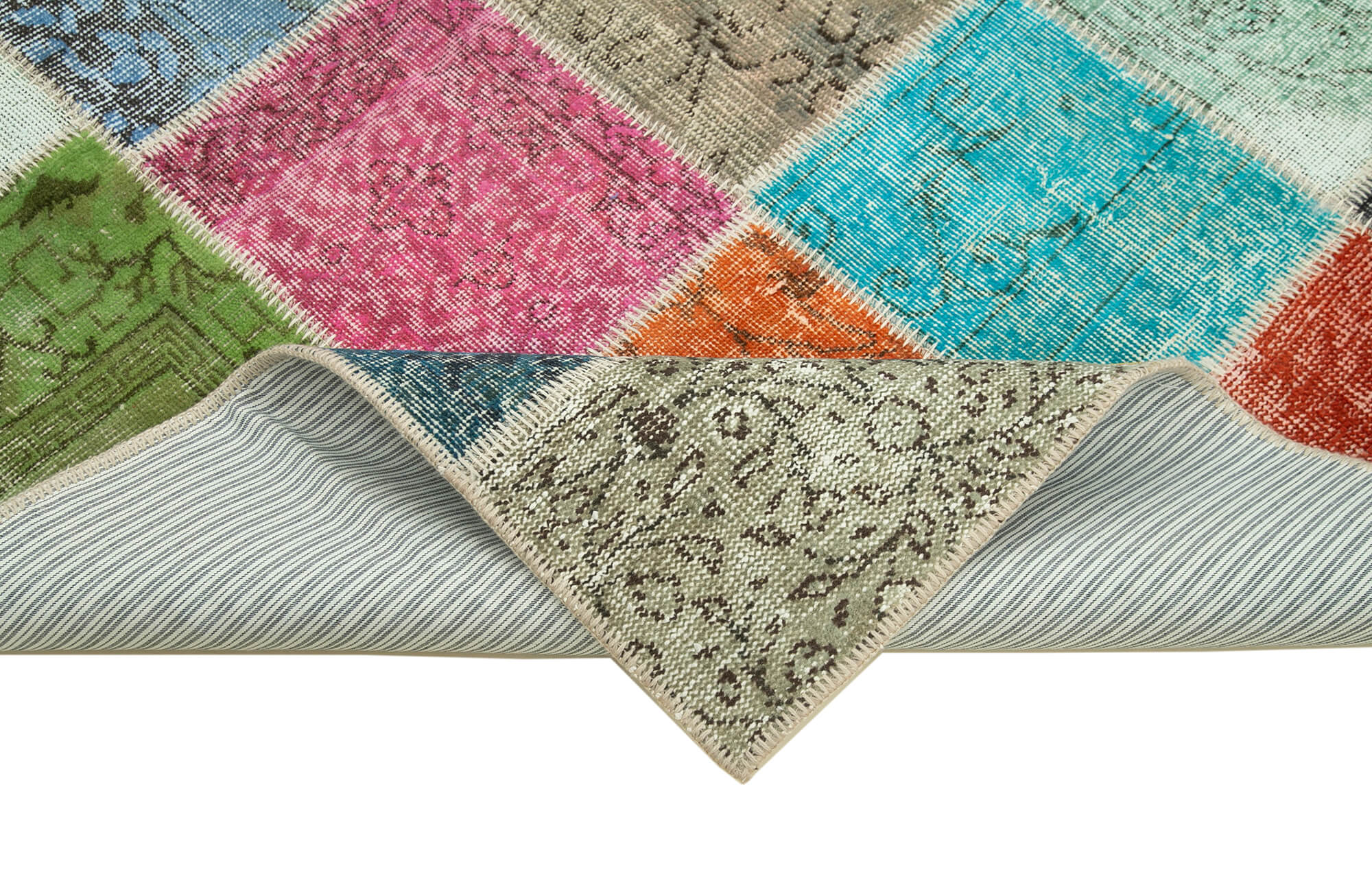 Handmade Area Rug - Blue Patchwork Cotton Wool Turkish Vintage Carpet 4'8" x 6'8"
