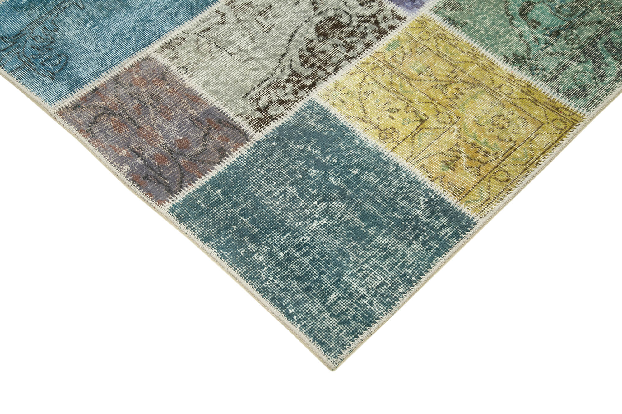 Handmade Patchwork Rug – Kirk Yama Blue Cotton Wool Vintage Area Rug 4'9''x6'8''