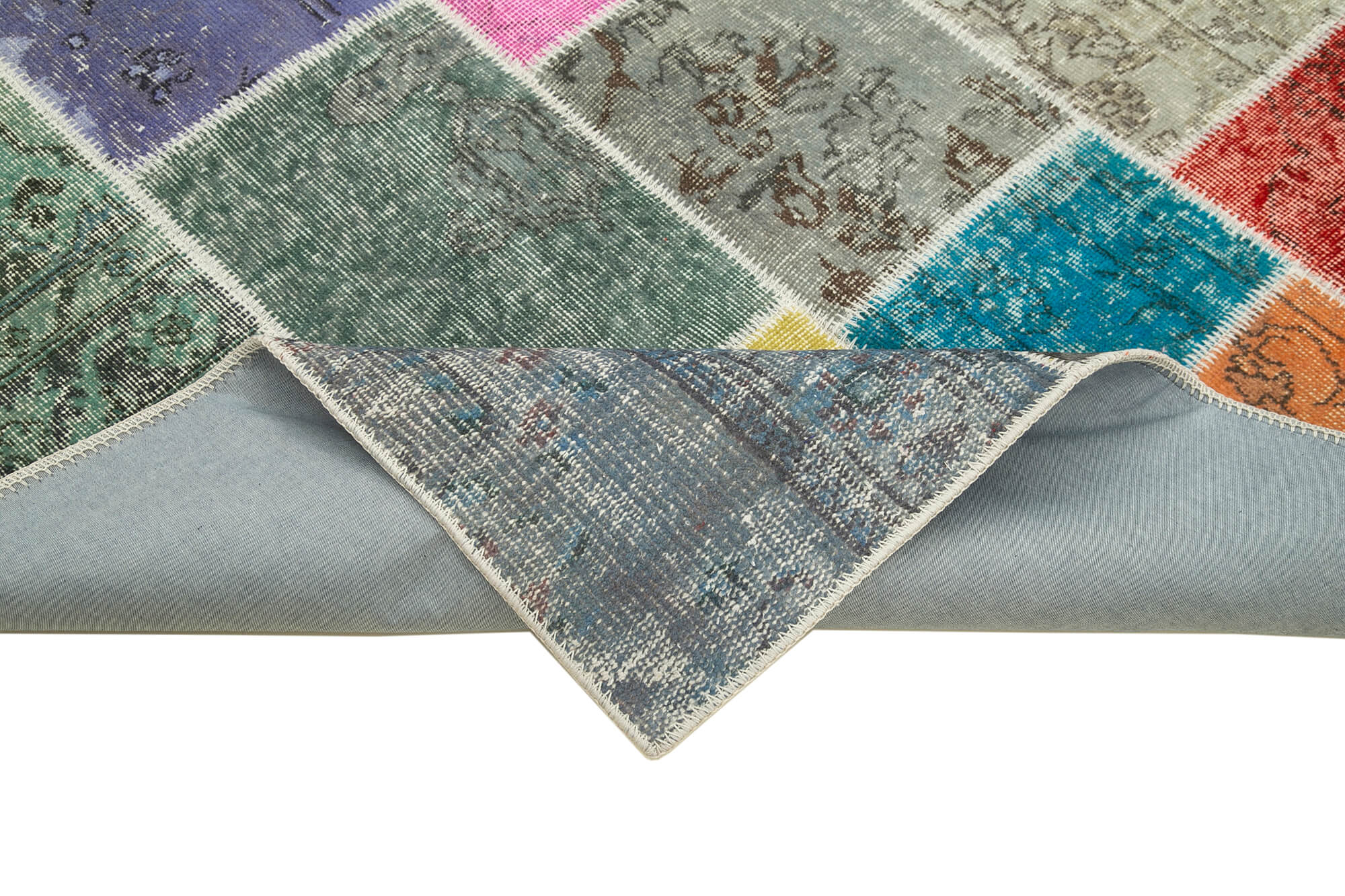Handmade Patchwork Rug – Kirk Yama Blue Cotton Wool Vintage Area Rug 4'9''x6'8''