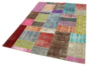 Handmade Area Rug - Blue Patchwork Cotton Wool Vintage Handwoven Carpet 4'8"x6'7"