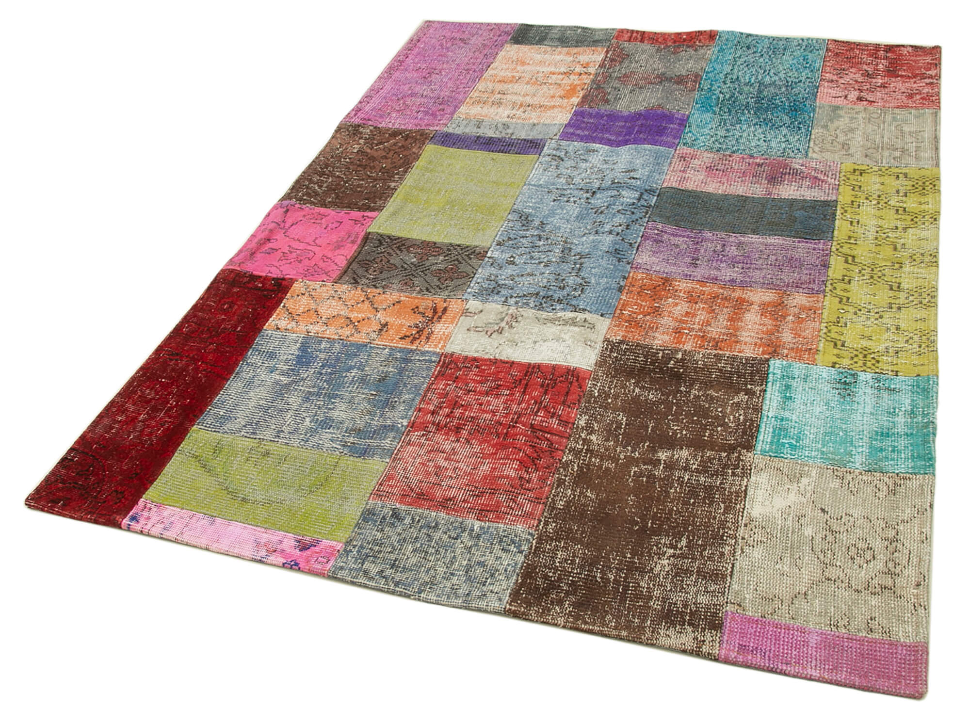 Handmade Area Rug - Blue Patchwork Cotton Wool Vintage Handwoven Carpet 4'8"x6'7"