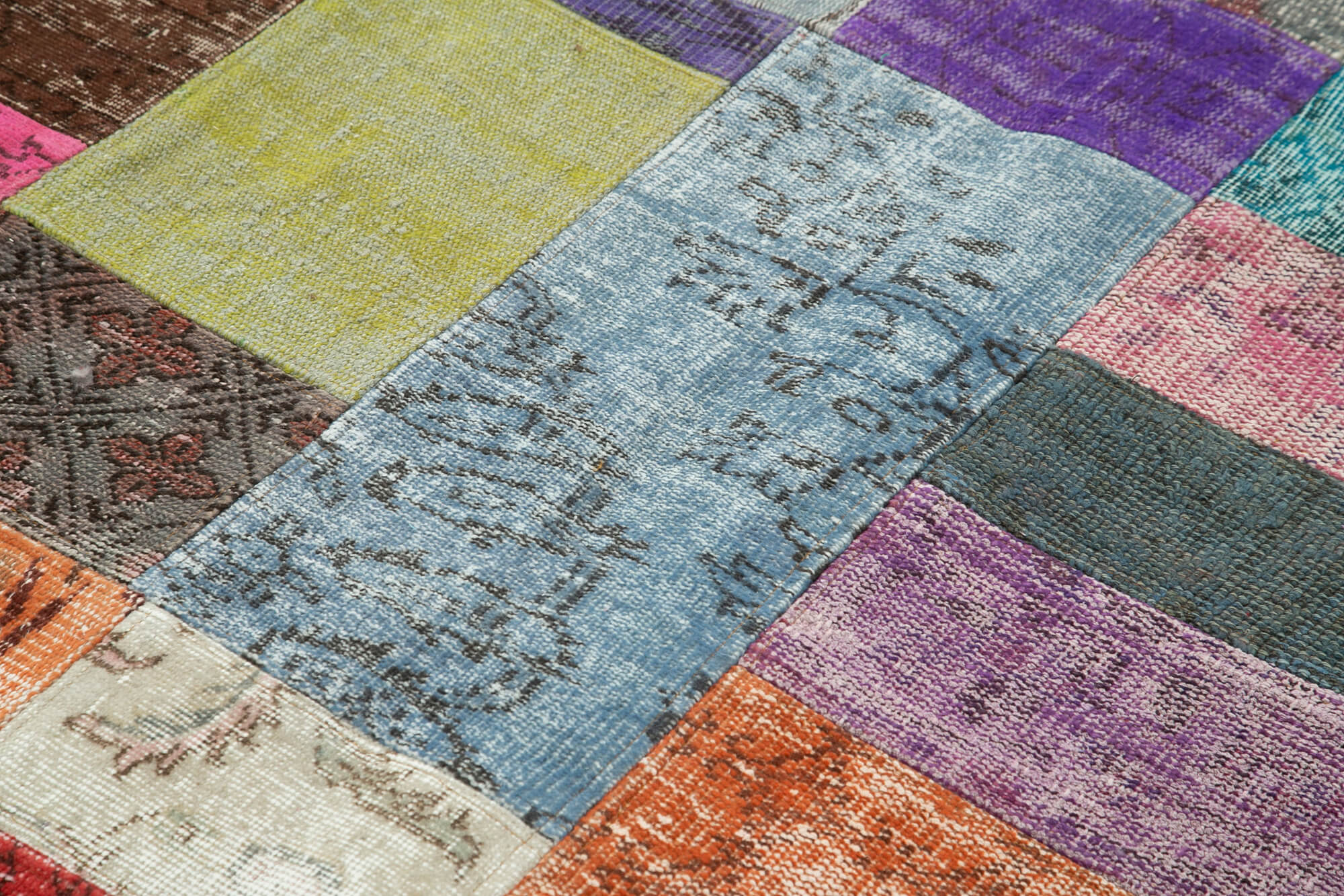 Handmade Area Rug - Blue Patchwork Cotton Wool Vintage Handwoven Carpet 4'8"x6'7"