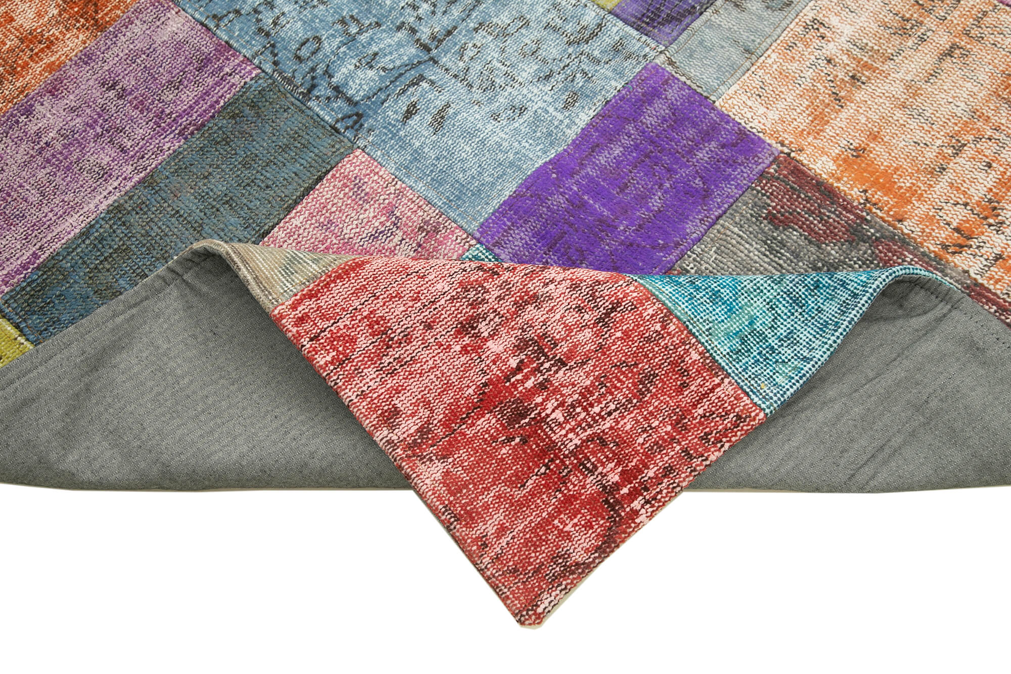 Handmade Area Rug - Blue Patchwork Cotton Wool Vintage Handwoven Carpet 4'8"x6'7"