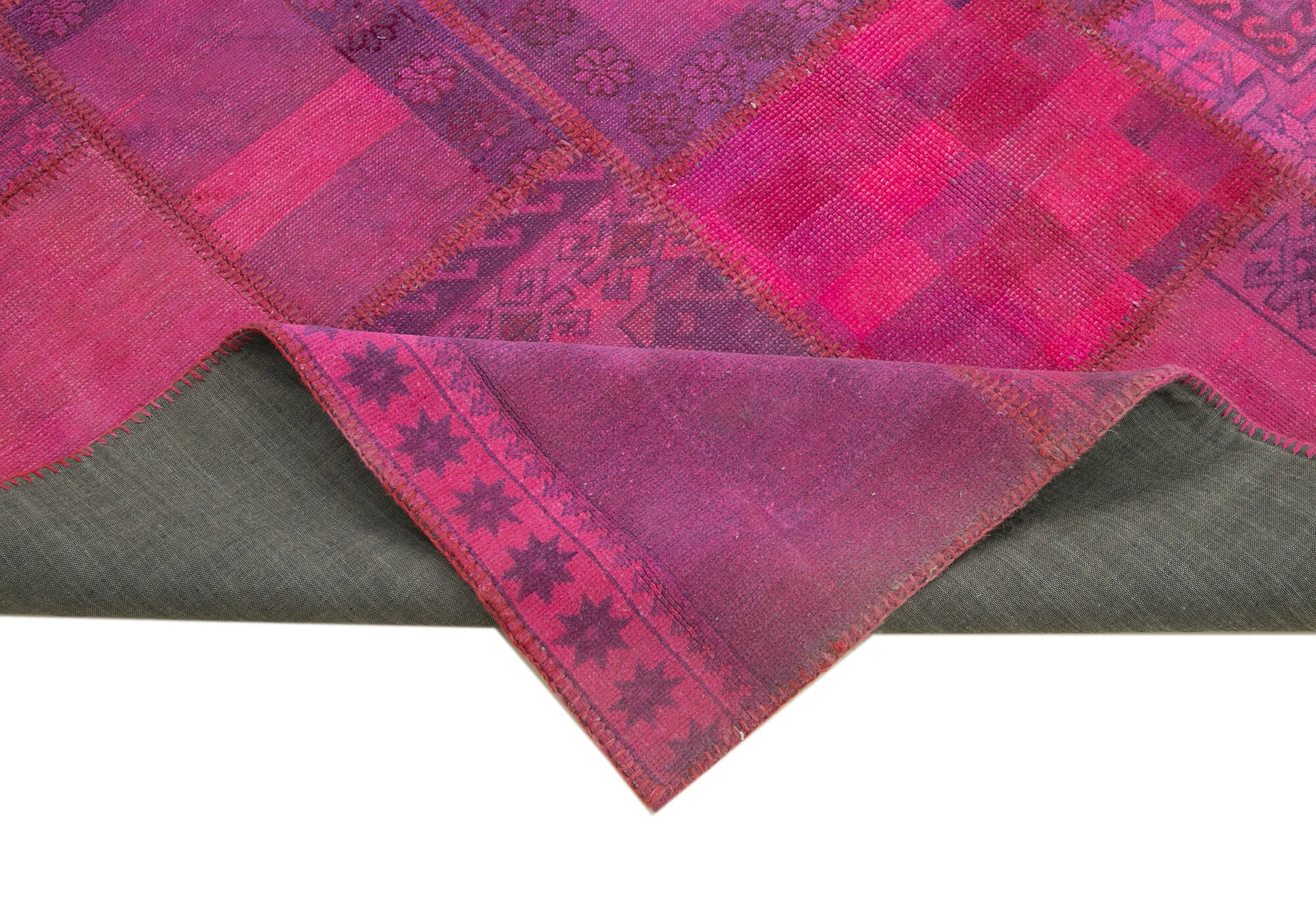 Handmade Area Rug – Pink Patchwork Cotton Wool Vintage Handwoven Carpet 5'10''x8'2''
