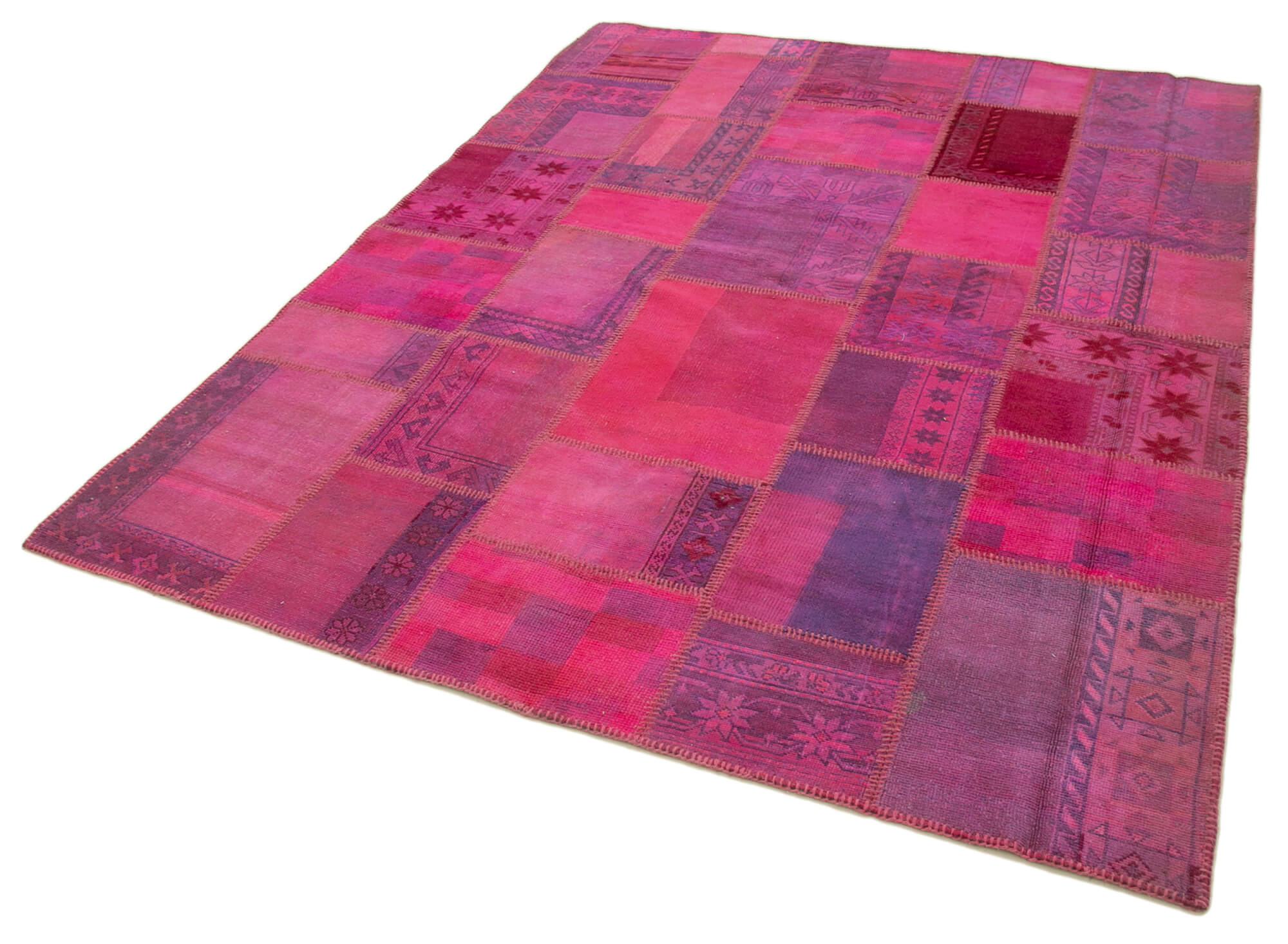 Handmade Patchwork Rug - Pink Cotton Wool Area Carpet 5'11''x7'9'' Bohemian Style