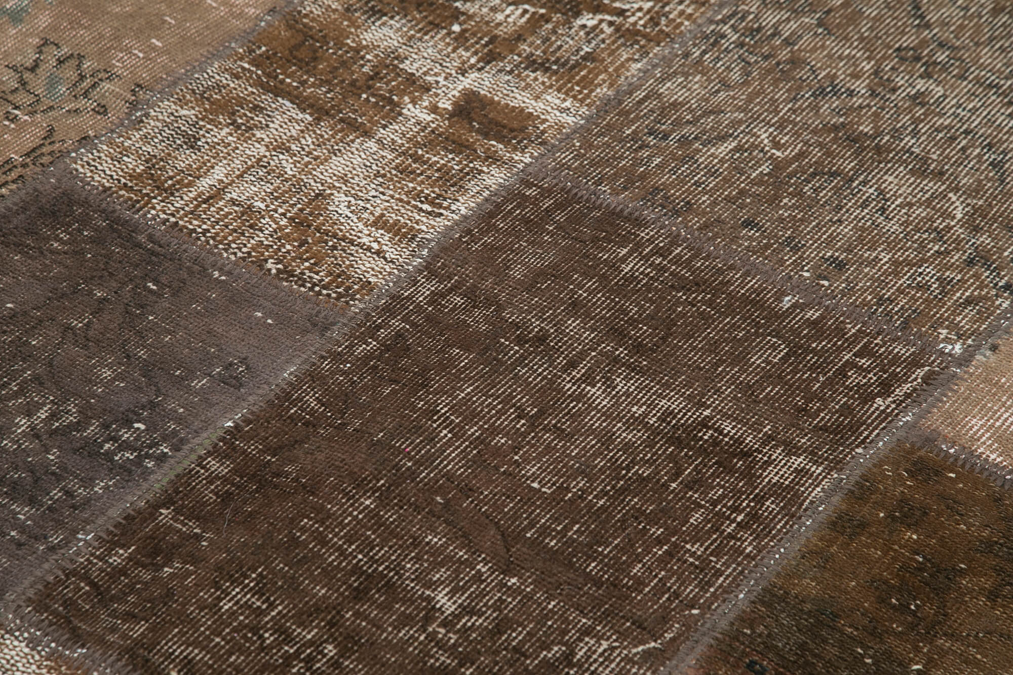 Handmade Area Rug - Brown Patchwork Cotton Wool Vintage Hand Woven Carpet 5'7''x8'