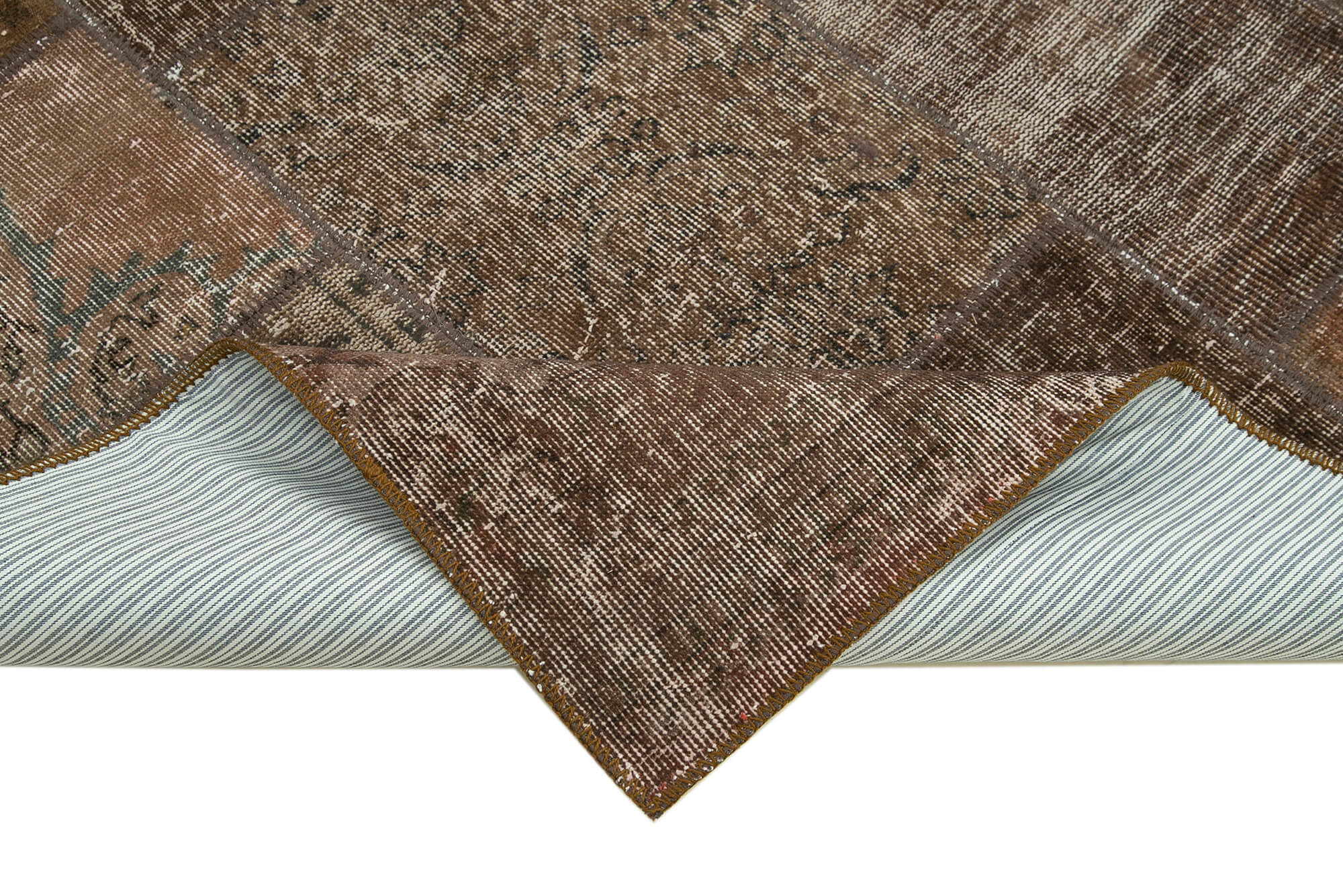 Handmade Area Rug - Brown Patchwork Cotton Wool Vintage Hand Woven Carpet 5'7''x8'