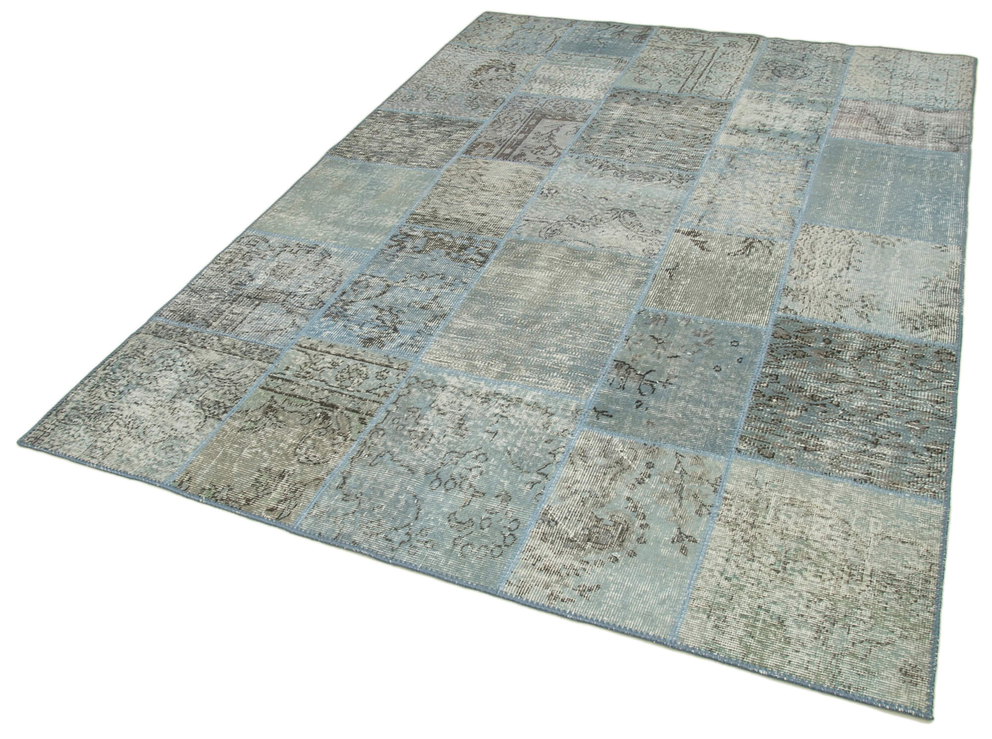 Handmade Wool Area Rug - Blue Patchwork Cotton Wool Rug | Vintage Turkish Carpet 5'8"x8'0"