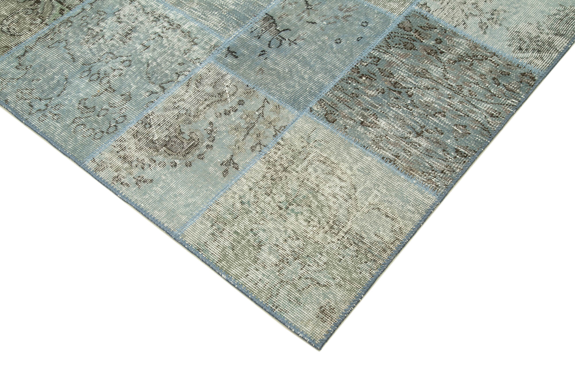 Handmade Wool Area Rug - Blue Patchwork Cotton Wool Rug | Vintage Turkish Carpet 5'8"x8'0"