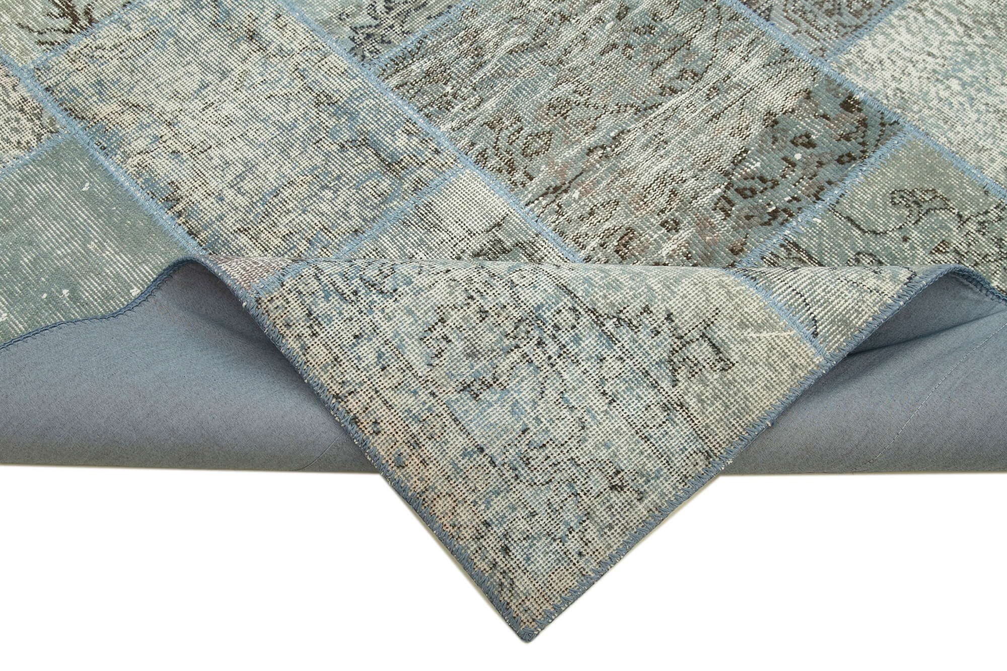 Handmade Wool Area Rug - Blue Patchwork Cotton Wool Rug | Vintage Turkish Carpet 5'8"x8'0"