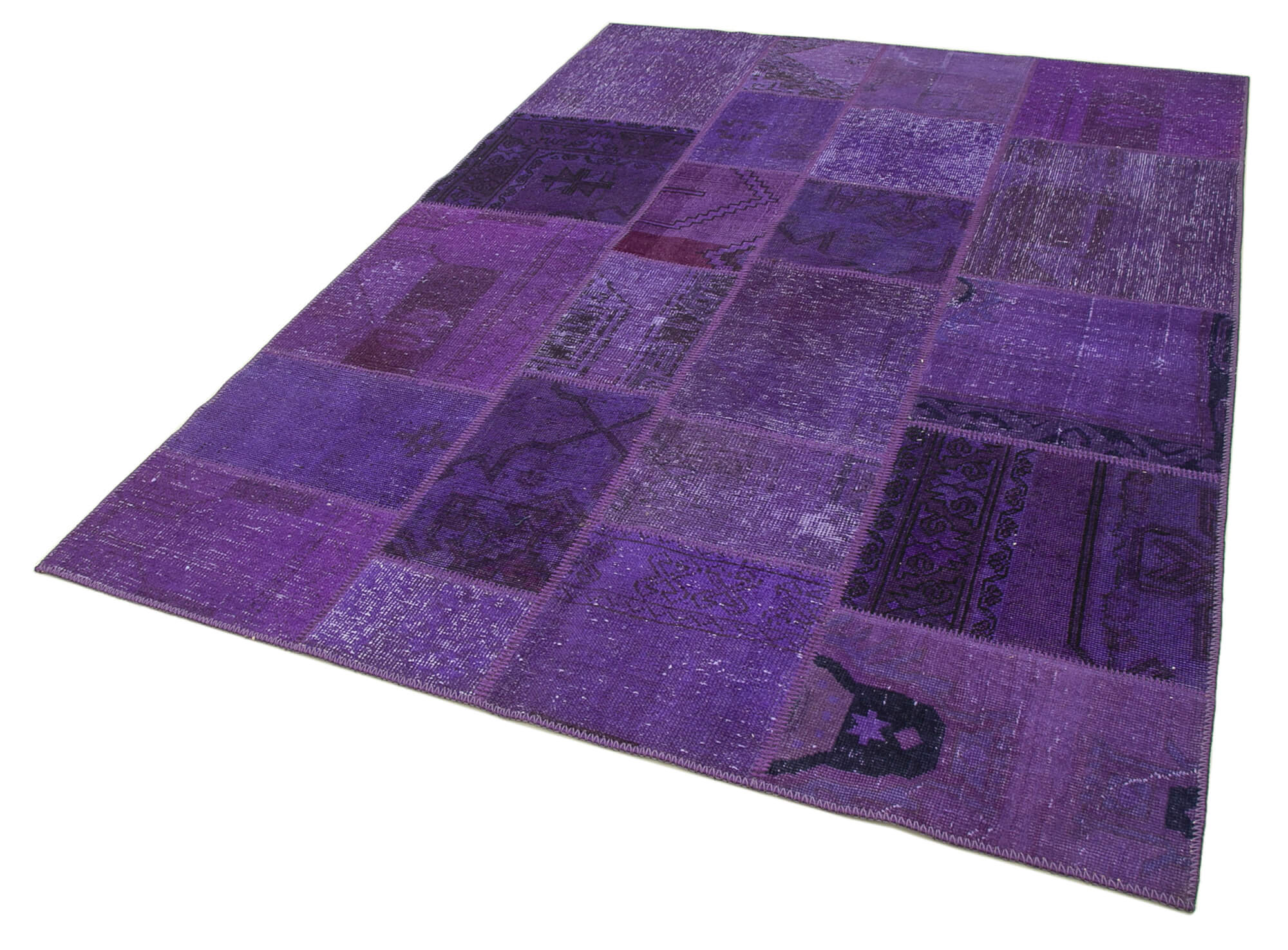 Handmade Wool Area Rug – Purple Patchwork Rug Cotton Wool Blend 5'7''x7'10''