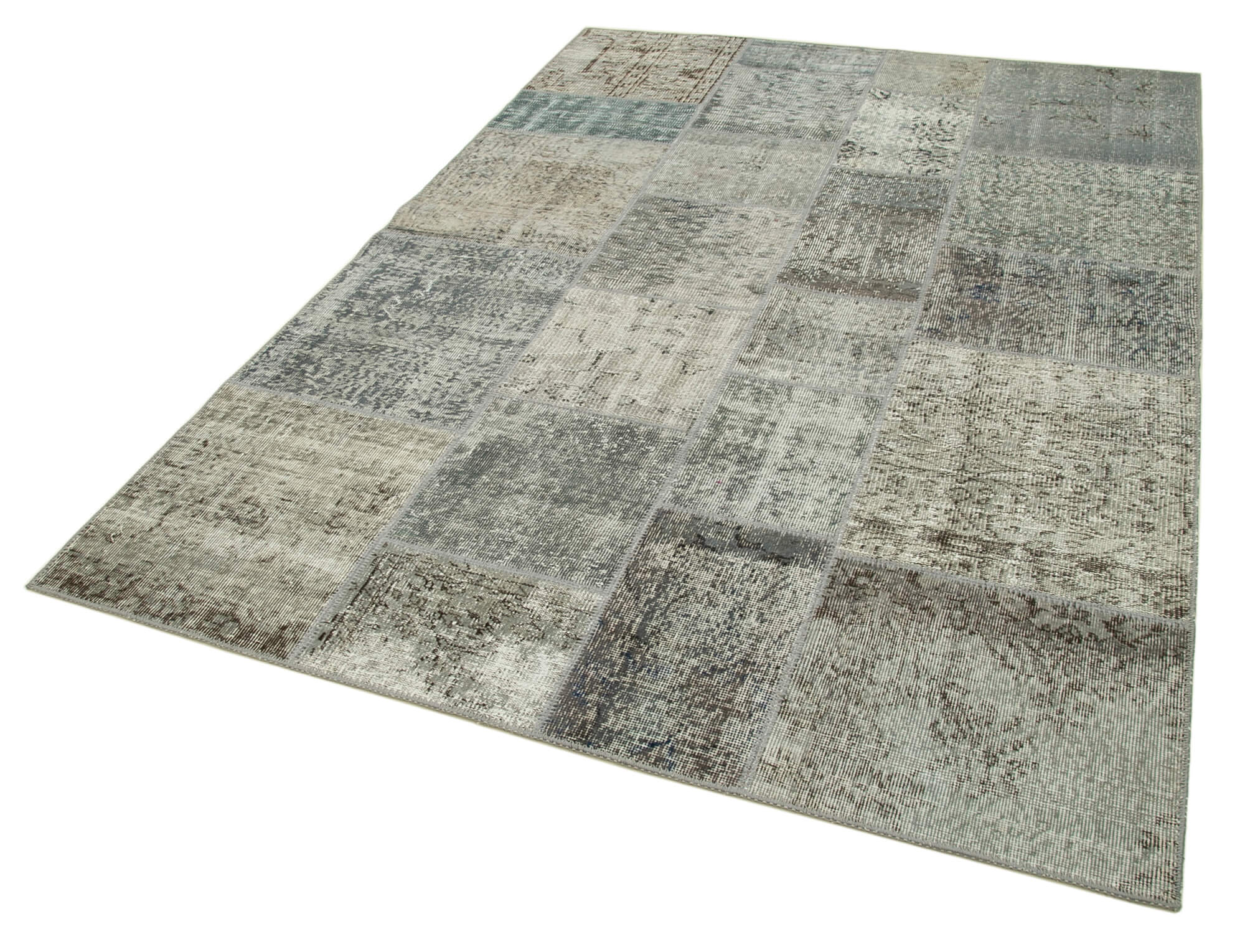 Handmade Wool Area Rug - Kirk Yama Grey Patchwork Cotton Wool Rug 5'7''x7'10''