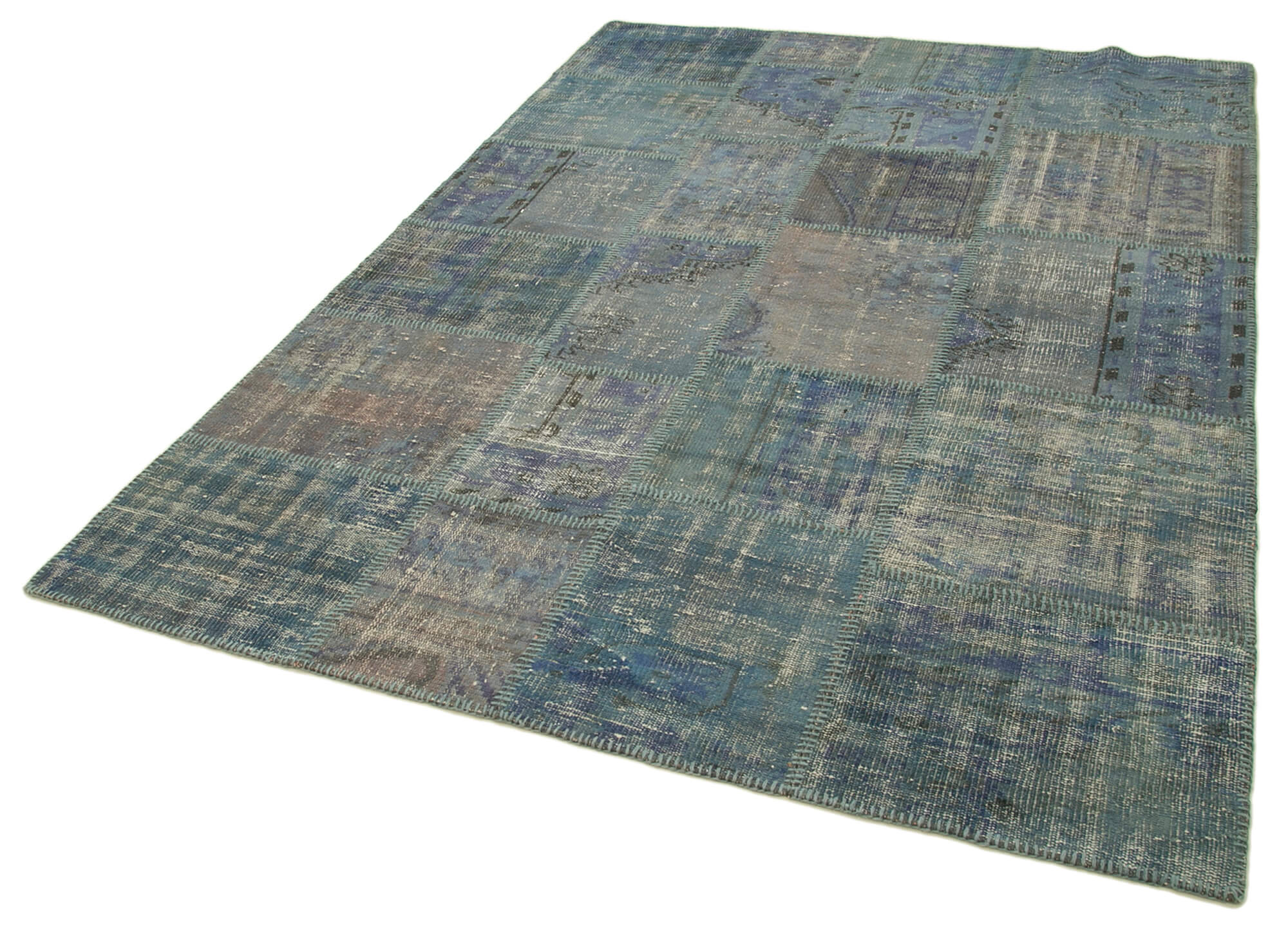 Handmade Patchwork Rug – Blue Patchwork Carpet Cotton Wool Area Rug 5'9''x8'0''