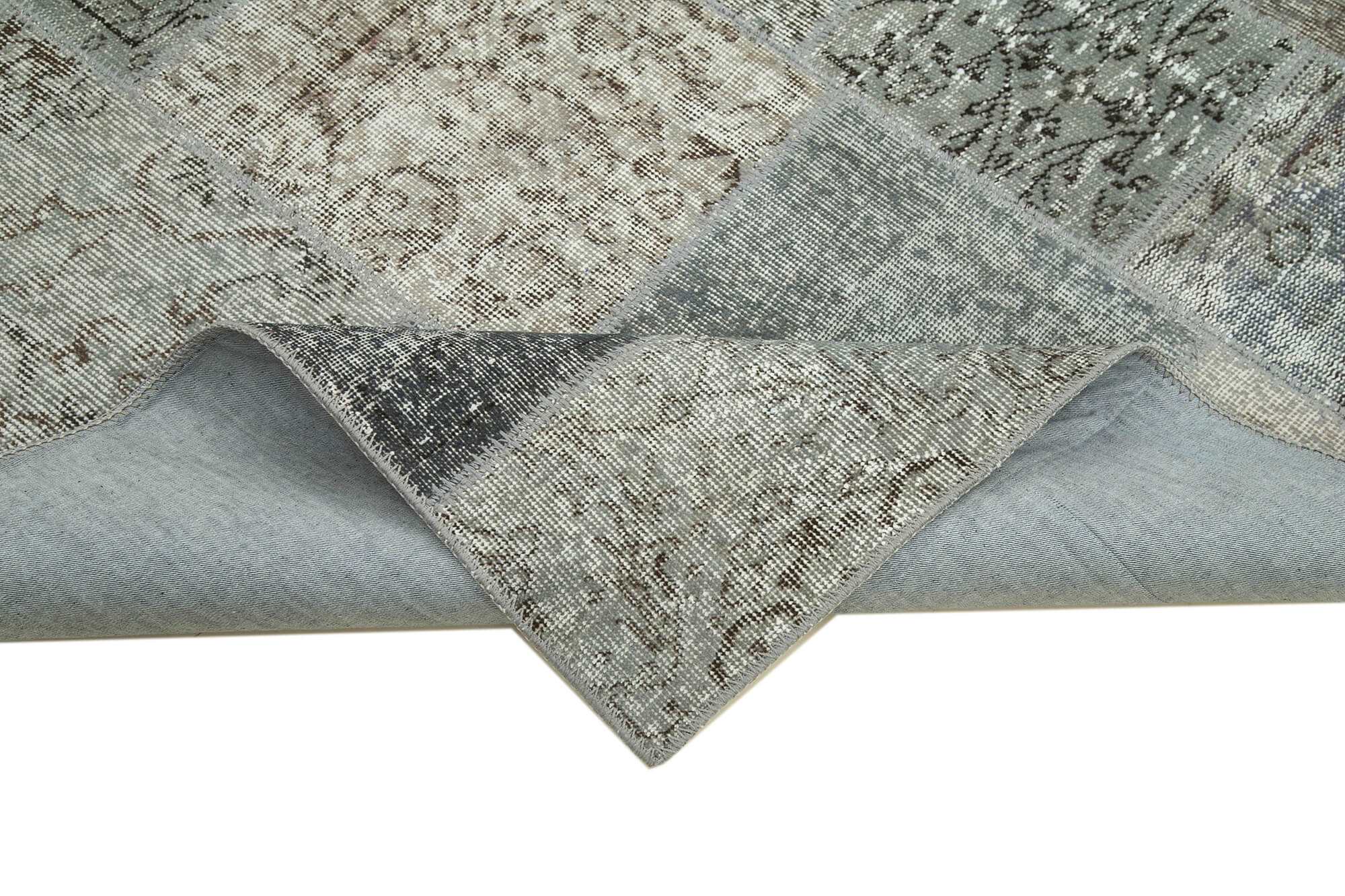 Handmade Wool Area Rug - Grey Patchwork Cotton Wool Rug | Vintage Turkish Carpet