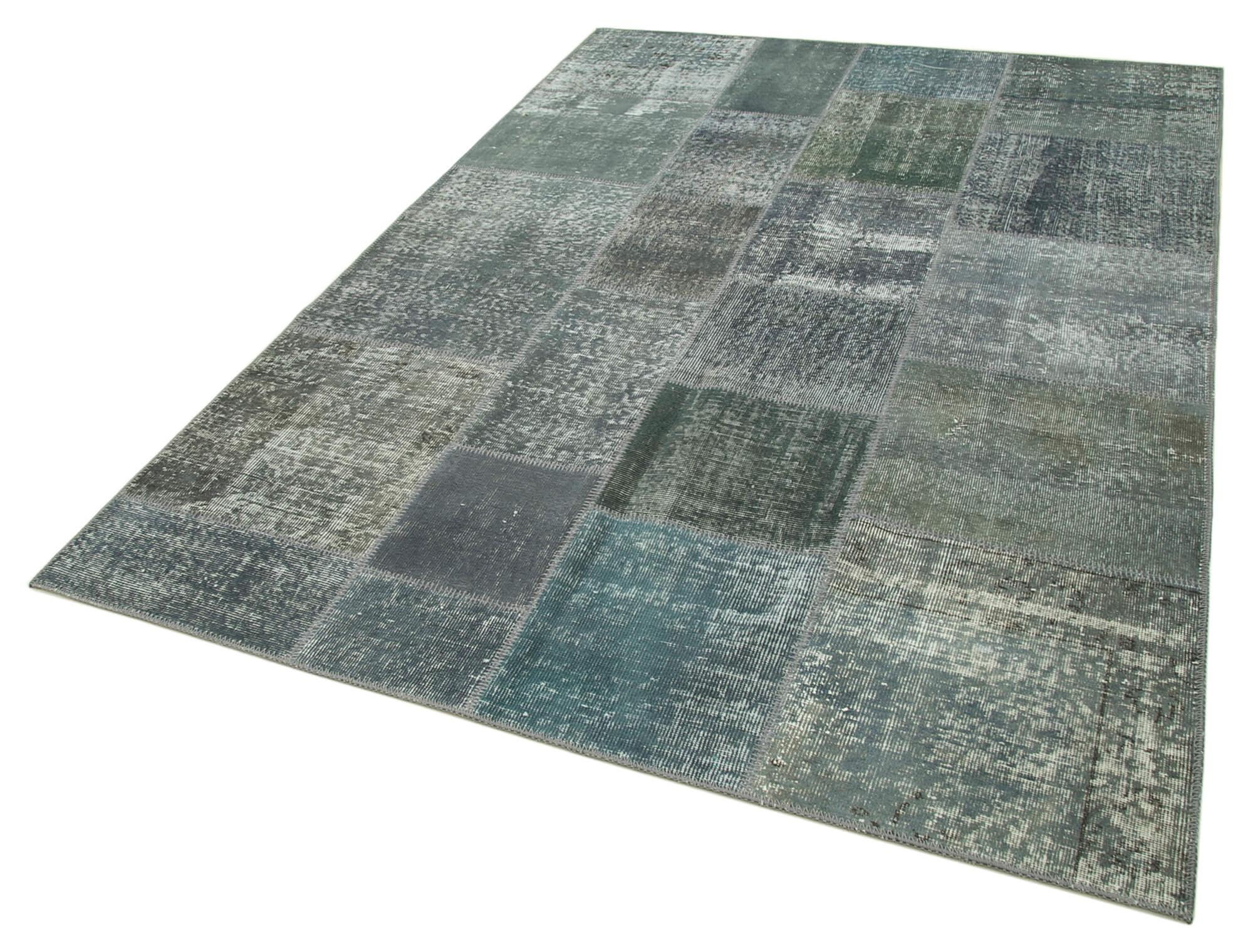 Handmade Wool Area Rug | Kirk Yama Grey Patchwork Cotton Wool Classic Carpet 5'7"x7'11"