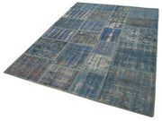 Handmade Wool Area Rug – Blue Patchwork Cotton Wool Carpet 5'9''x8'0'' Durable Design