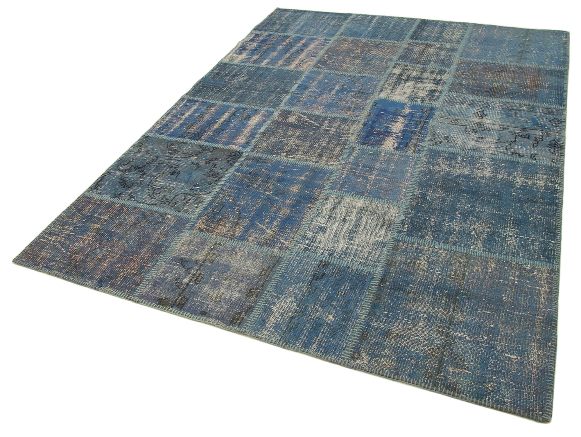 Handmade Wool Area Rug – Blue Patchwork Cotton Wool Carpet 5'9''x8'0'' Durable Design