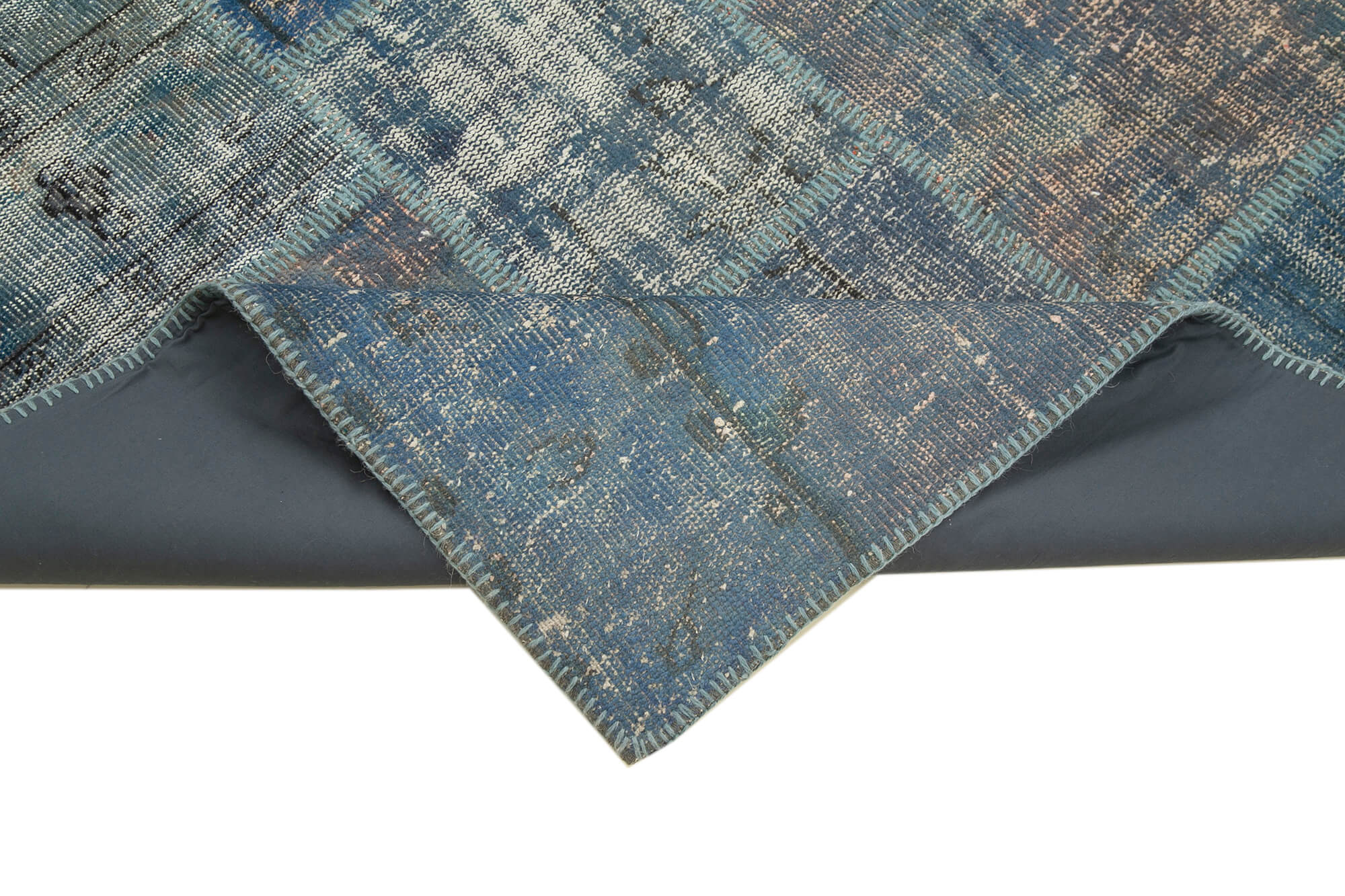 Handmade Wool Area Rug – Blue Patchwork Cotton Wool Carpet 5'9''x8'0'' Durable Design