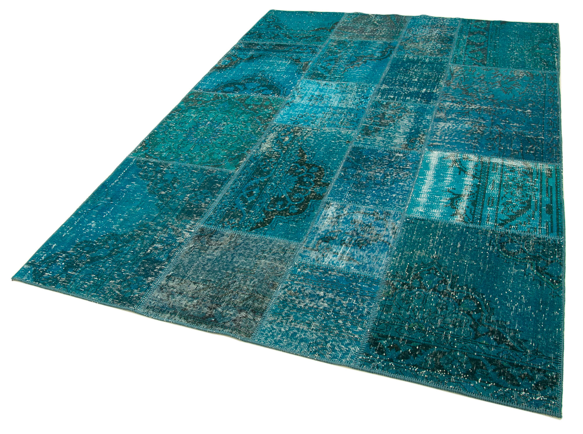 Handmade Area Rug - Turquoise Patchwork Cotton Wool Vintage Carpet 5'7''x8'0''