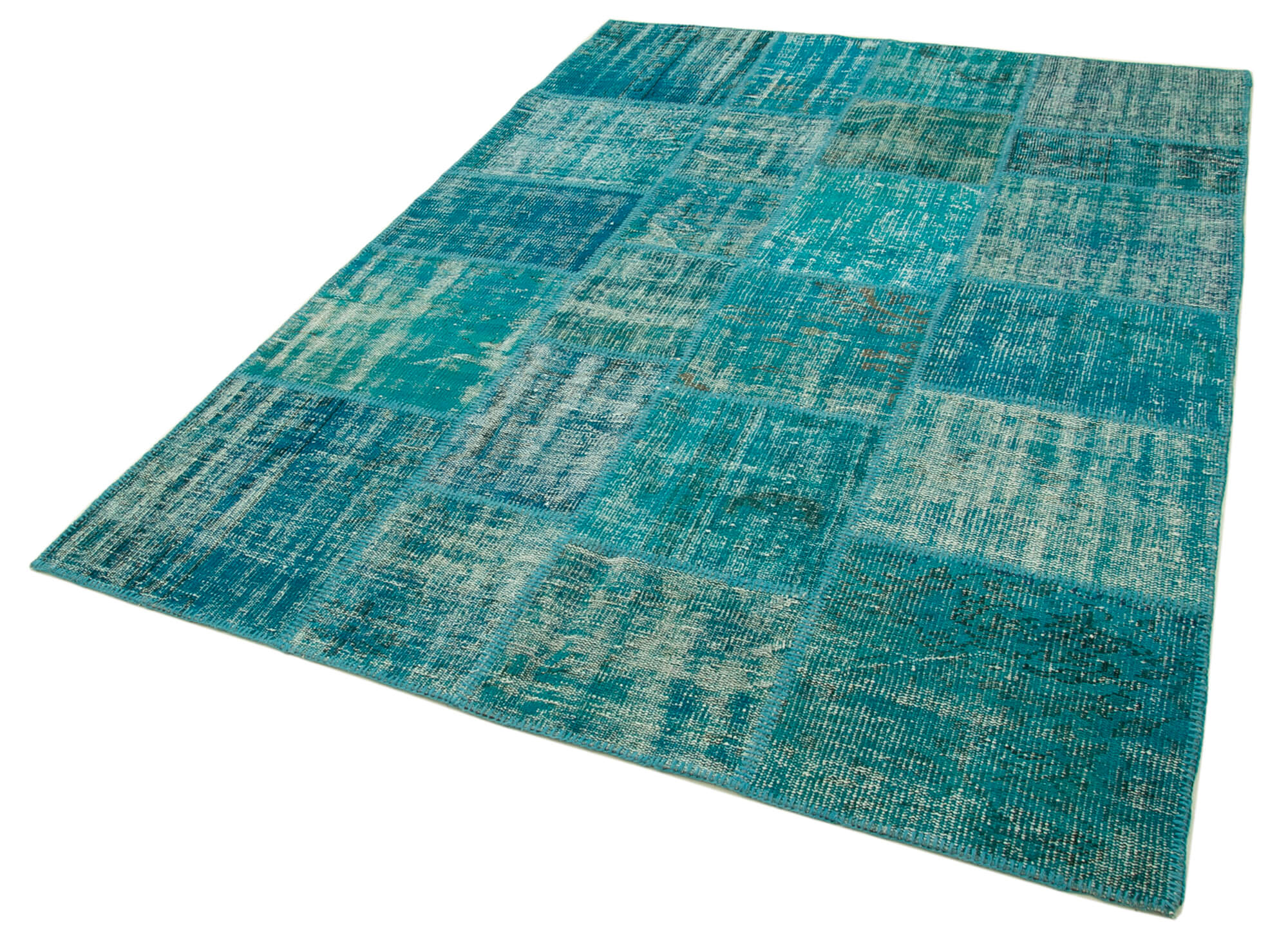 Handmade Area Rug - Turquoise Patchwork Cotton Wool Vintage Rug 5'8''x7'10''