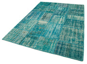 Handmade Area Rug – Turquoise Patchwork Cotton Wool Vintage Carpet 5'9''x7'10''