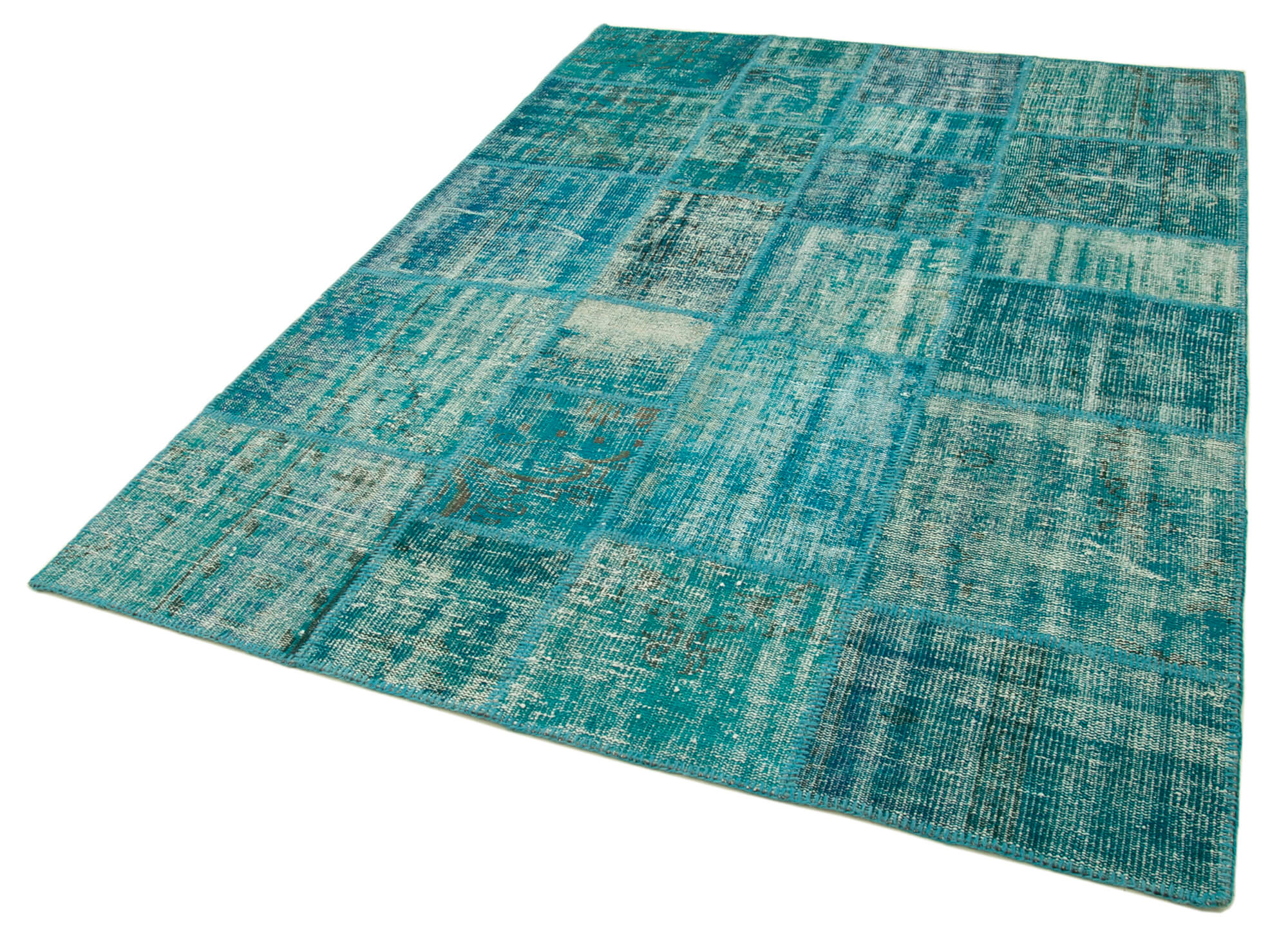 Handmade Area Rug – Turquoise Patchwork Cotton Wool Vintage Carpet 5'9''x7'10''