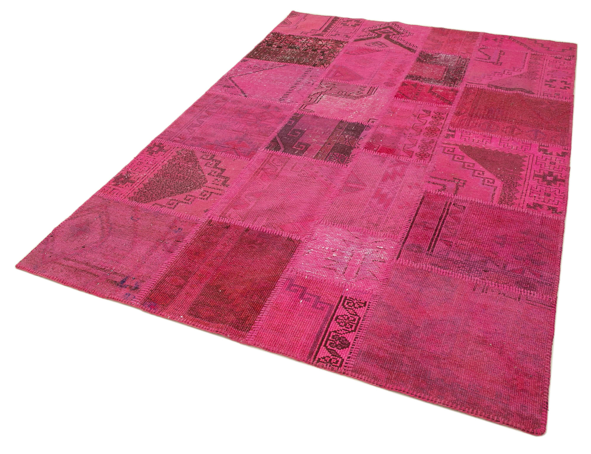 Handmade Patchwork Area Rug - Pink Cotton Wool Vintage Wool Rug 5'8''x8'2''